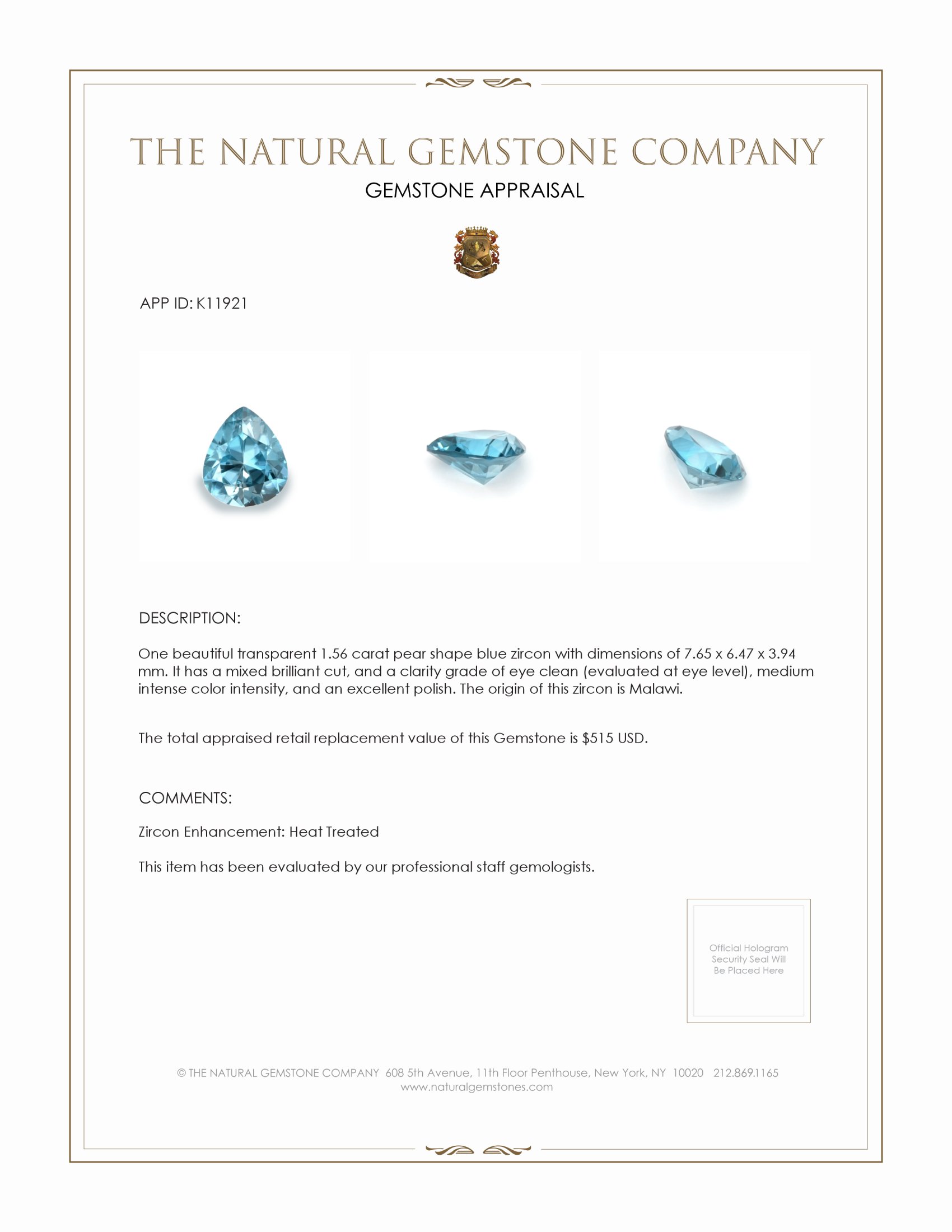 1.56 Ct. Zircon from Malawi