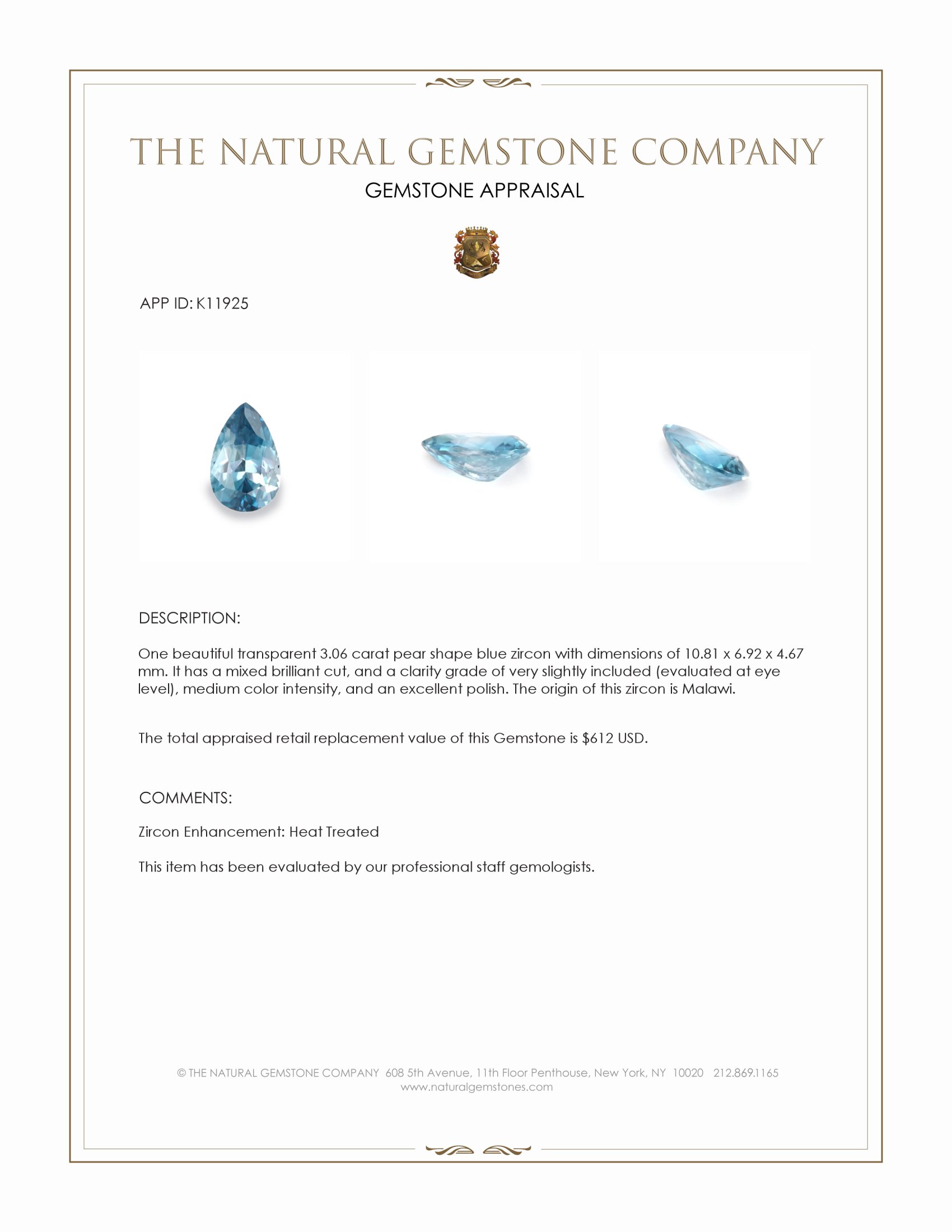 3.06 Ct. Blue Zircon from Malawi