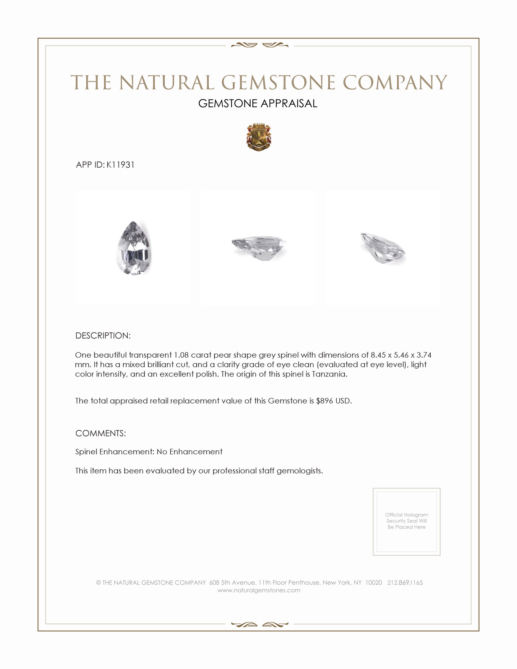 1.08 Ct. Spinel from Tanzania