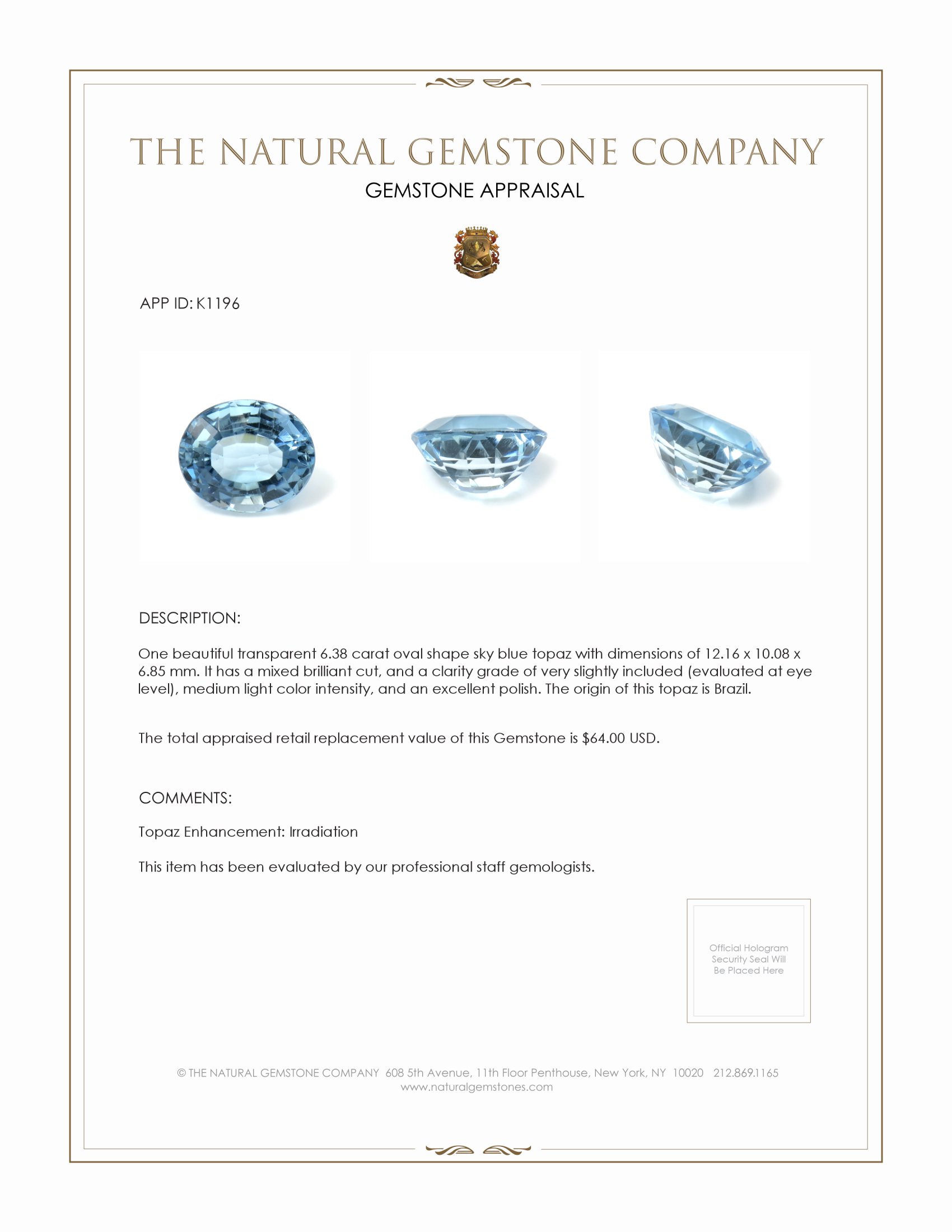 6.38 Ct. Sky Blue Topaz from Brazil
