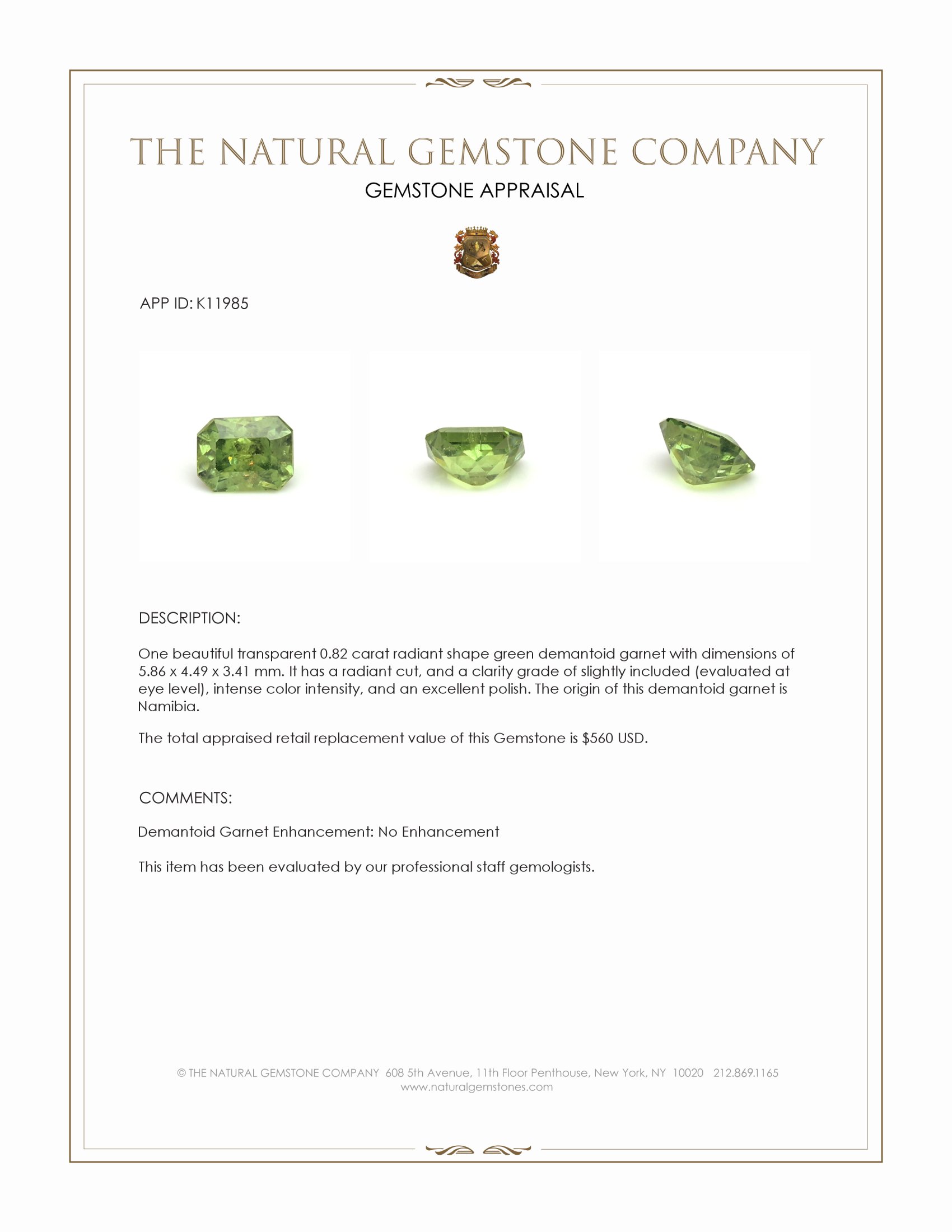 0.82 Ct. Green Demantoid Garnet from Namibia