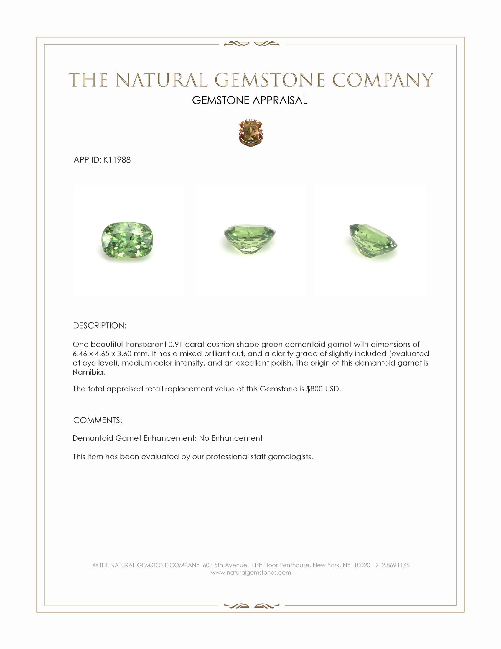 0.91 Ct. Demantoid Garnet from Namibia