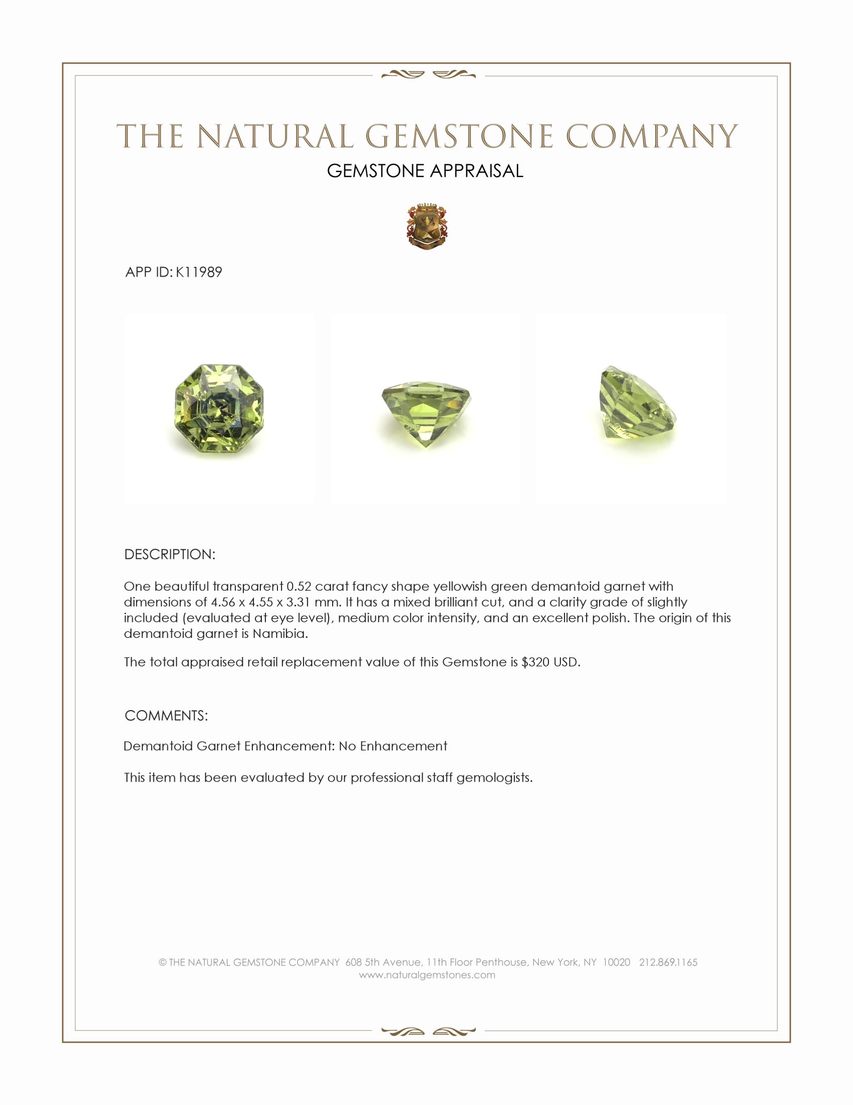 0.52 Ct. Yellowish Green Demantoid Garnet from Namibia