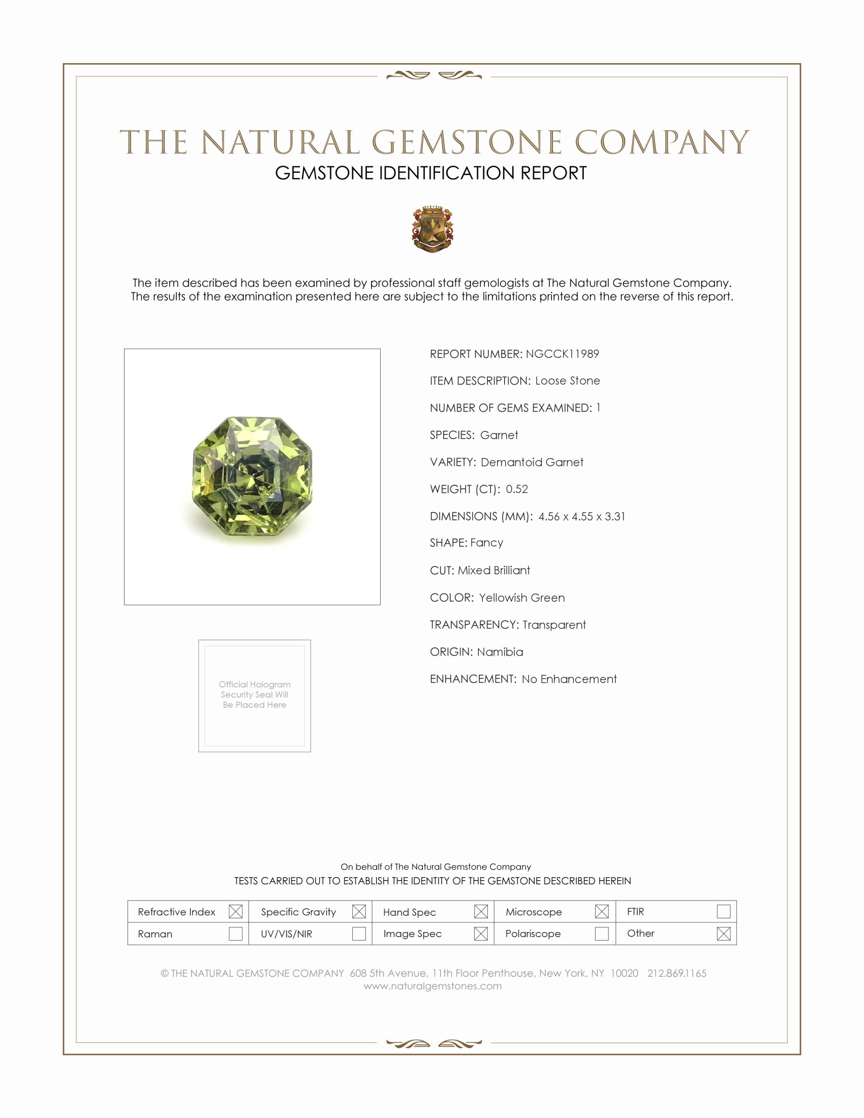 0.52 Ct. Yellowish Green Demantoid Garnet from Namibia