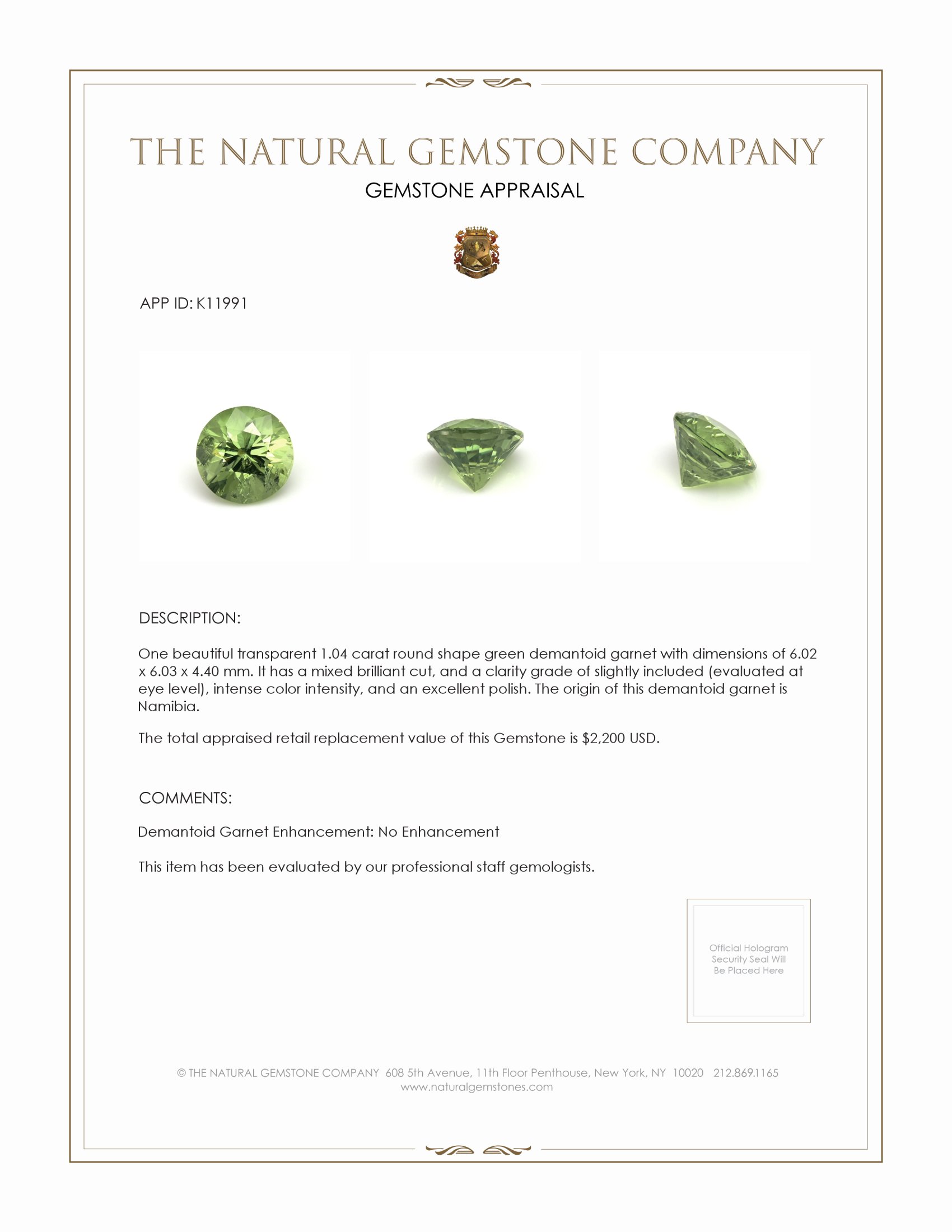 1.04 Ct. Demantoid Garnet from Namibia