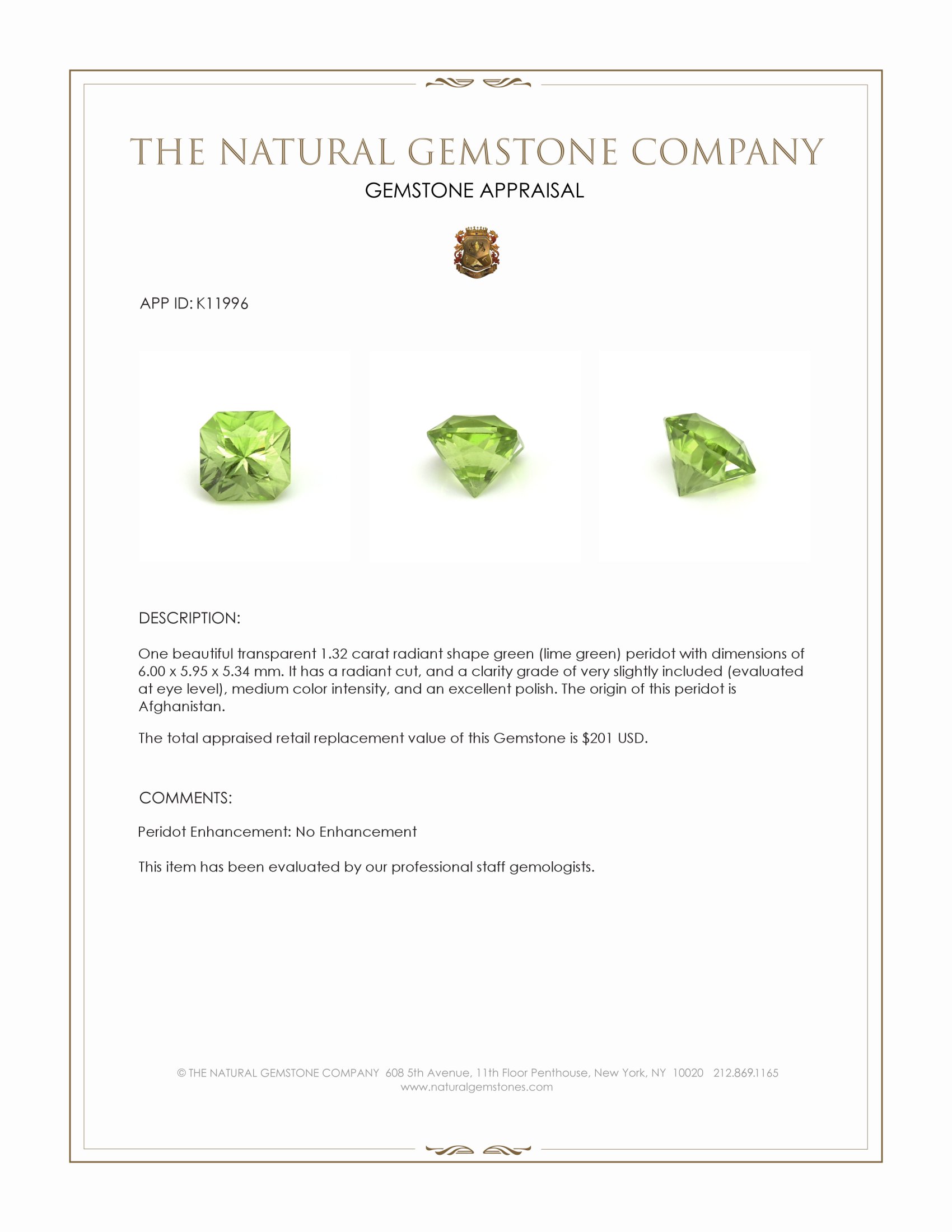 1.32 Ct. Green (Lime Green) Peridot from Afghanistan