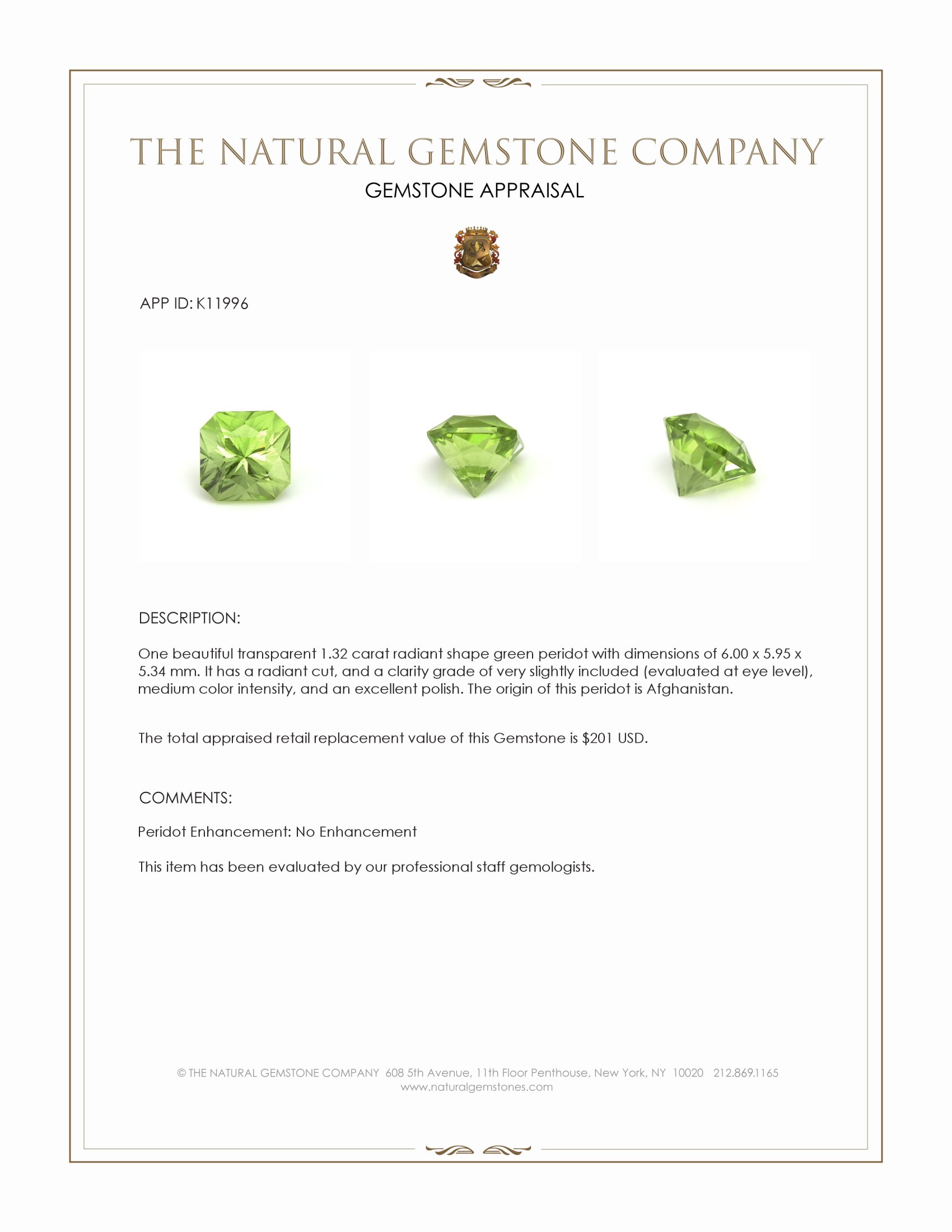 1.32 Ct. Green Peridot from Afghanistan