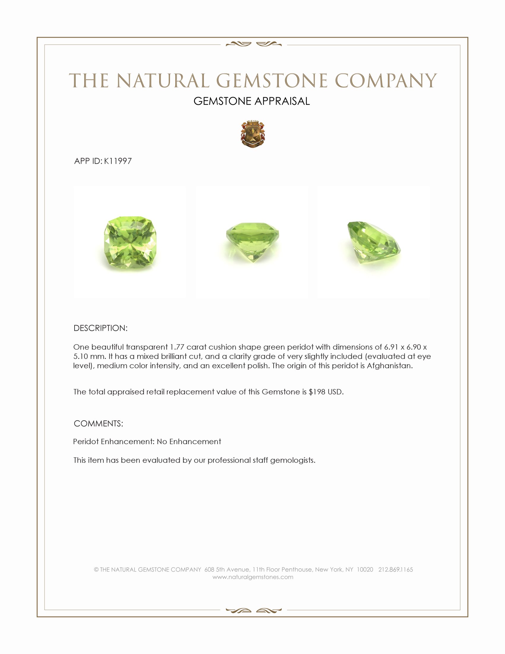 1.77 Ct. Green (Lime Green) Peridot from Afghanistan