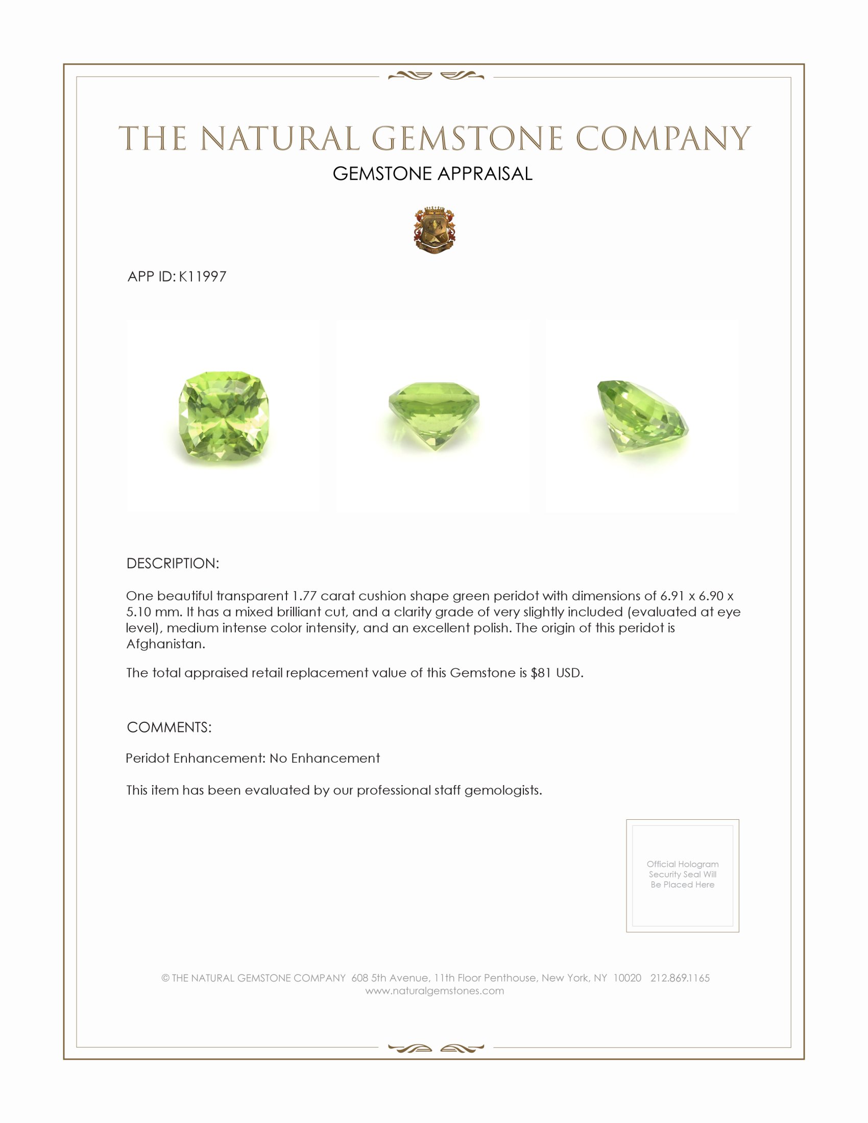 1.77 Ct. Peridot from Afghanistan