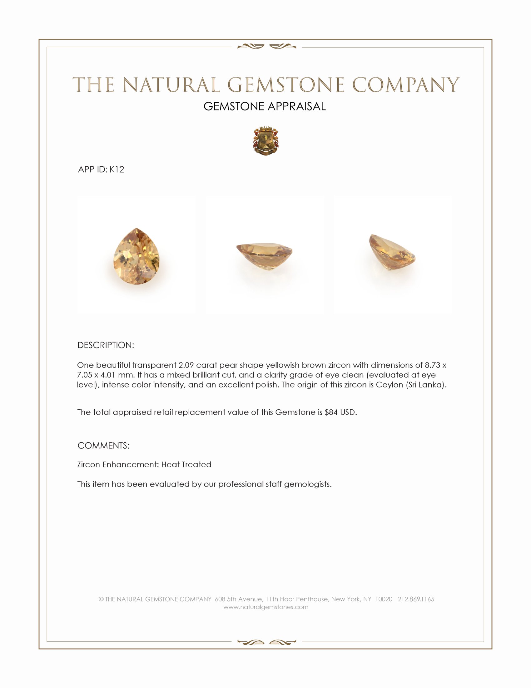 2.09 Ct. Yellowish Brown Zircon from Ceylon (Sri Lanka)