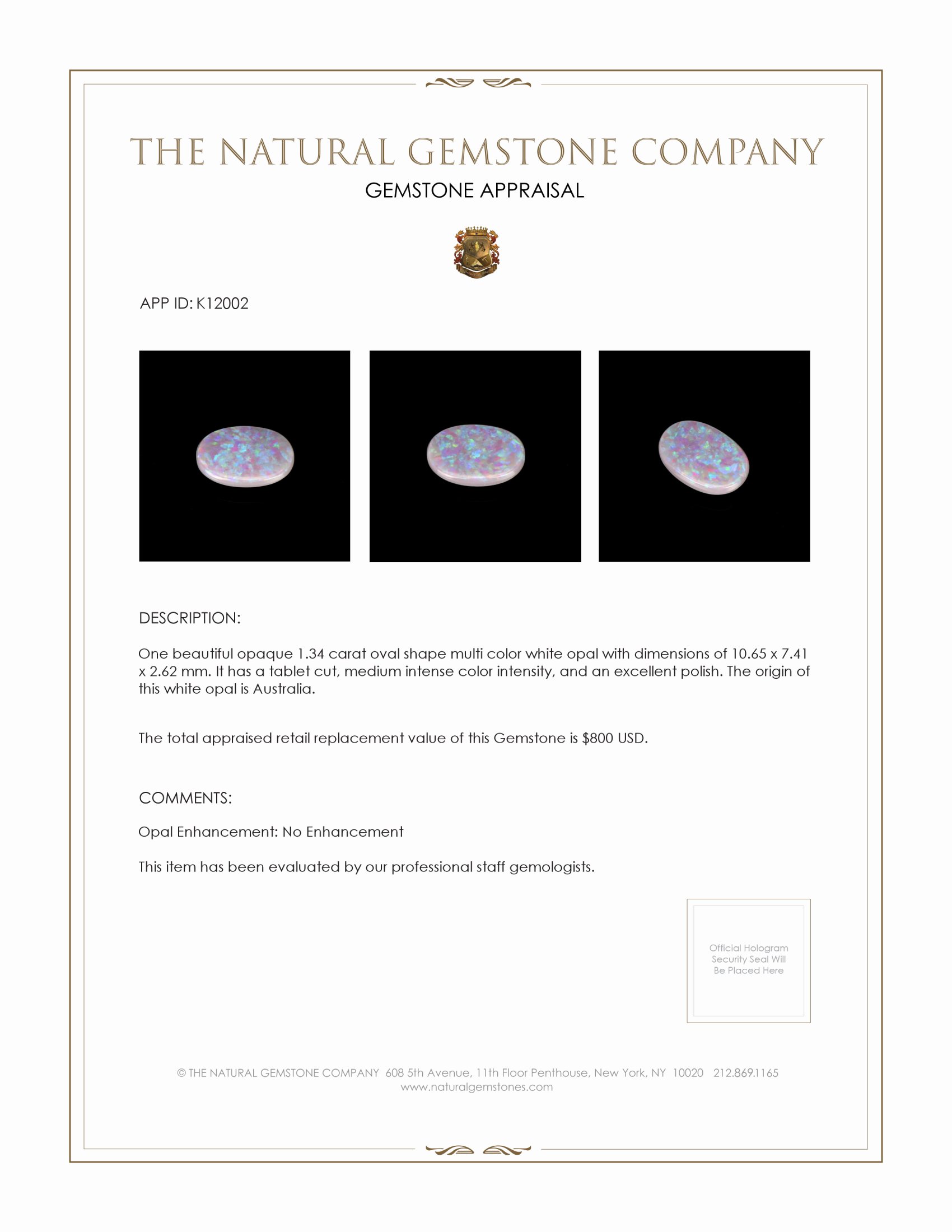 1.34 Ct. White Opal from Australia