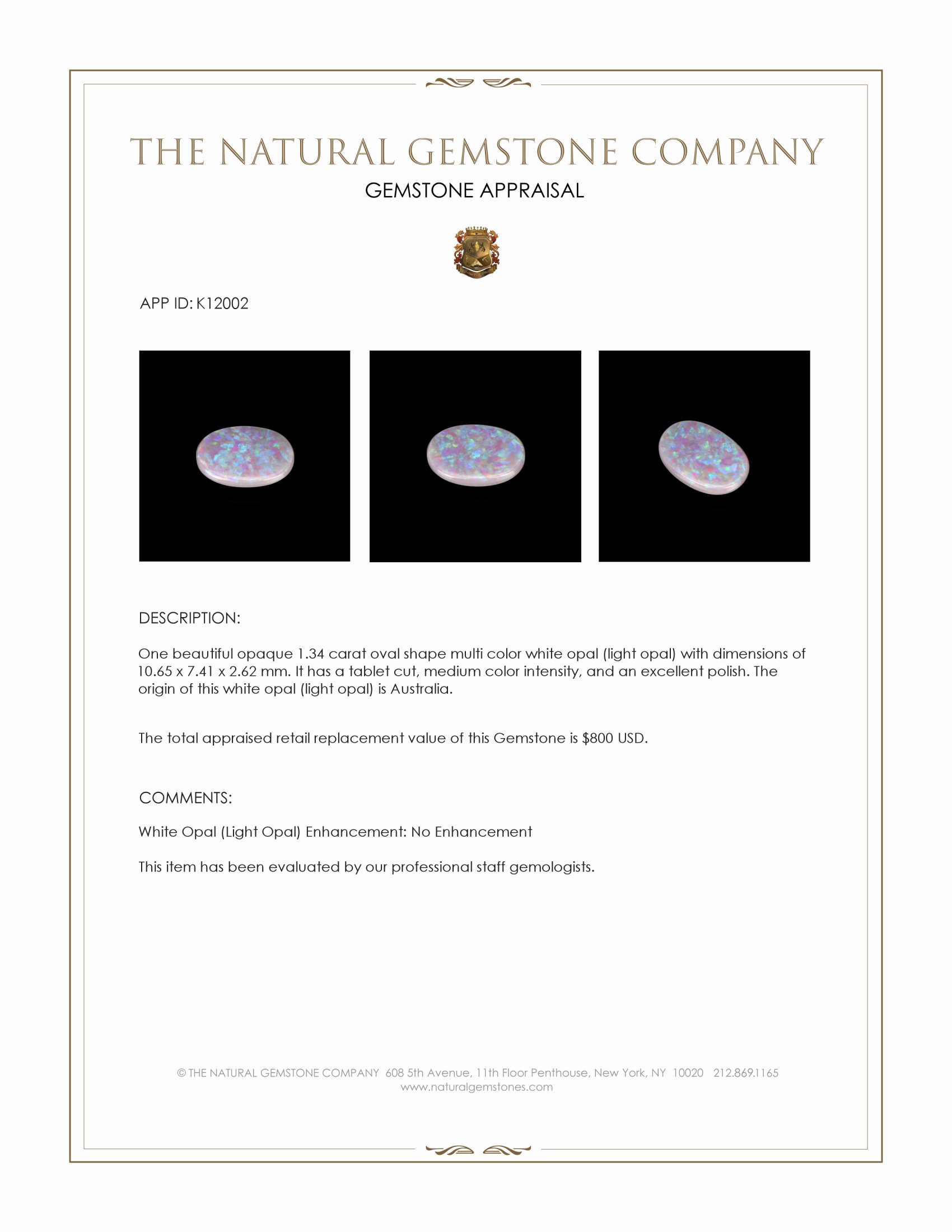 1.34 Ct. Multi Color White Opal (Light Opal) from Australia