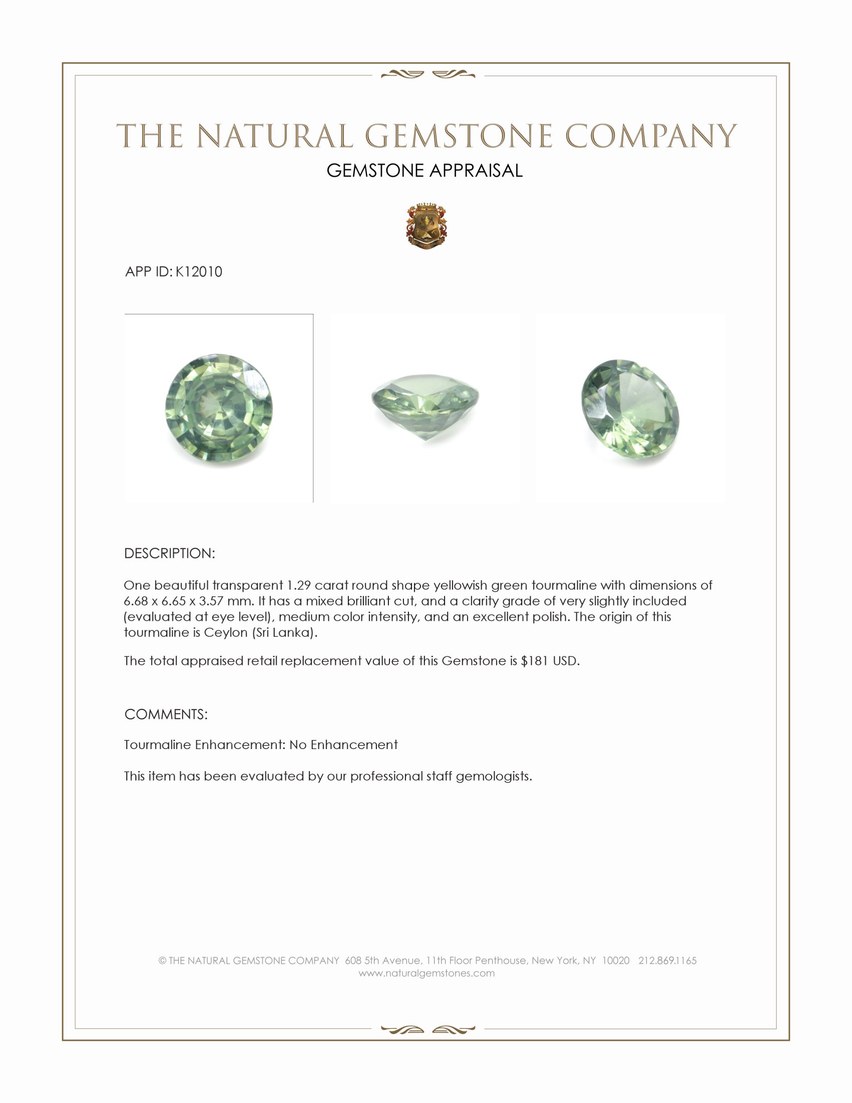 1.29 Ct. Yellowish Green Tourmaline from Ceylon (Sri Lanka)