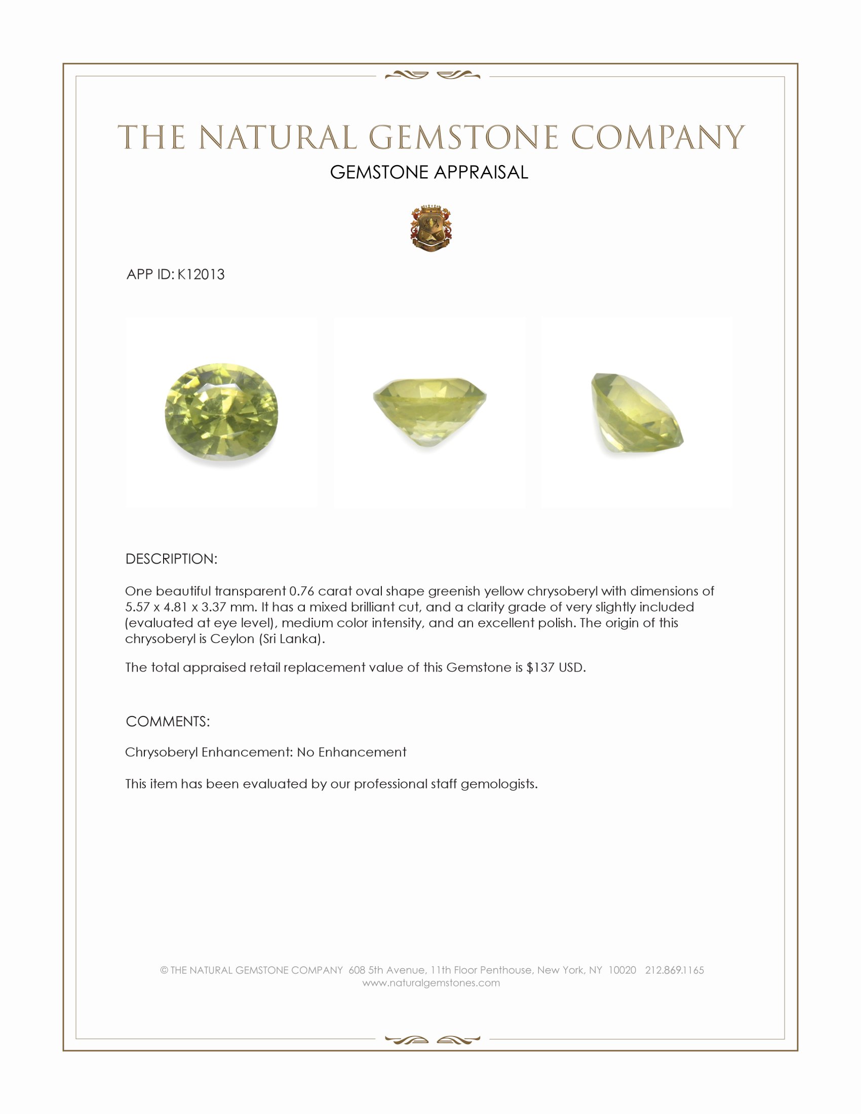 0.76 Ct. Greenish Yellow Chrysoberyl from Ceylon (Sri Lanka)