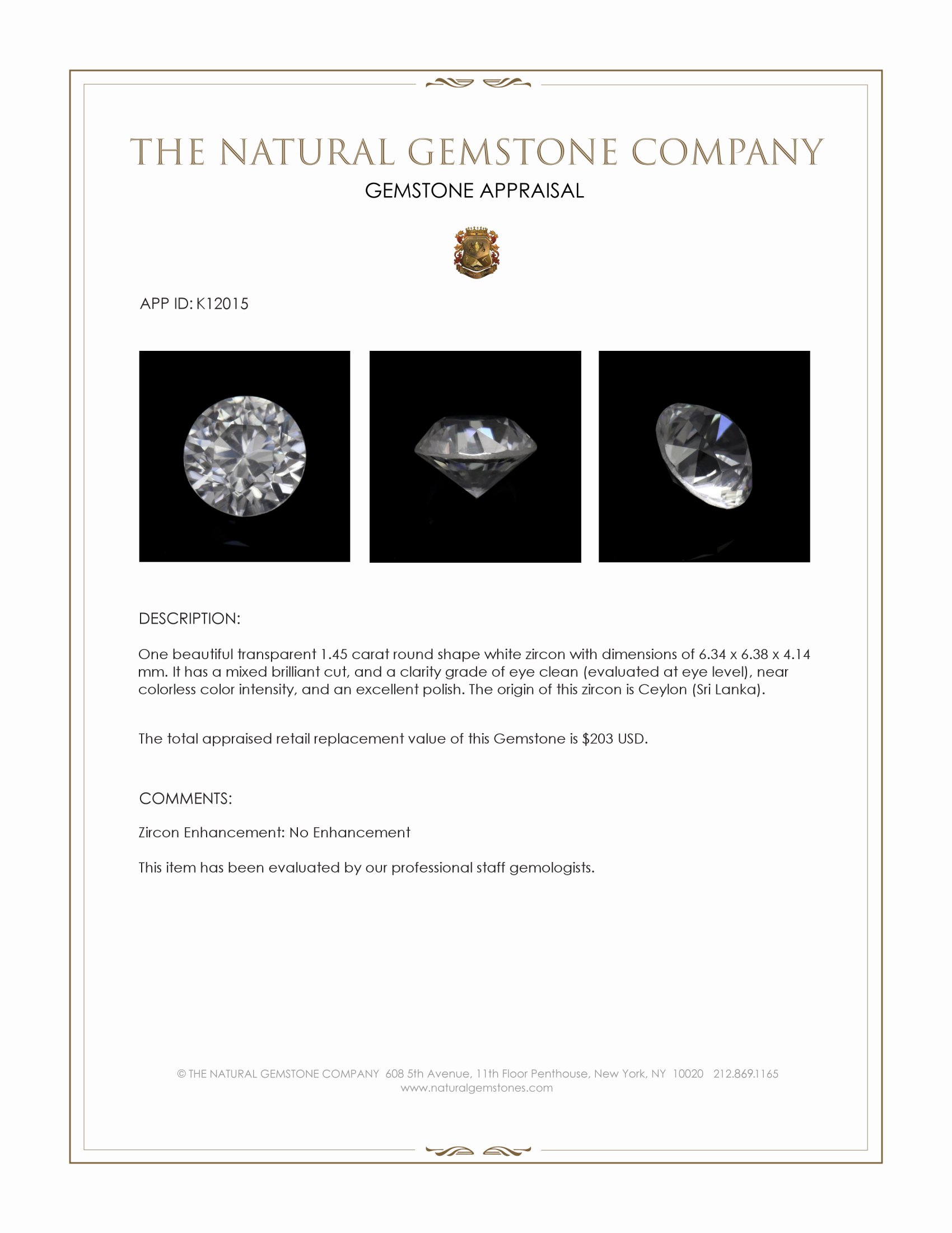1.45 Ct. White Zircon from Ceylon (Sri Lanka)