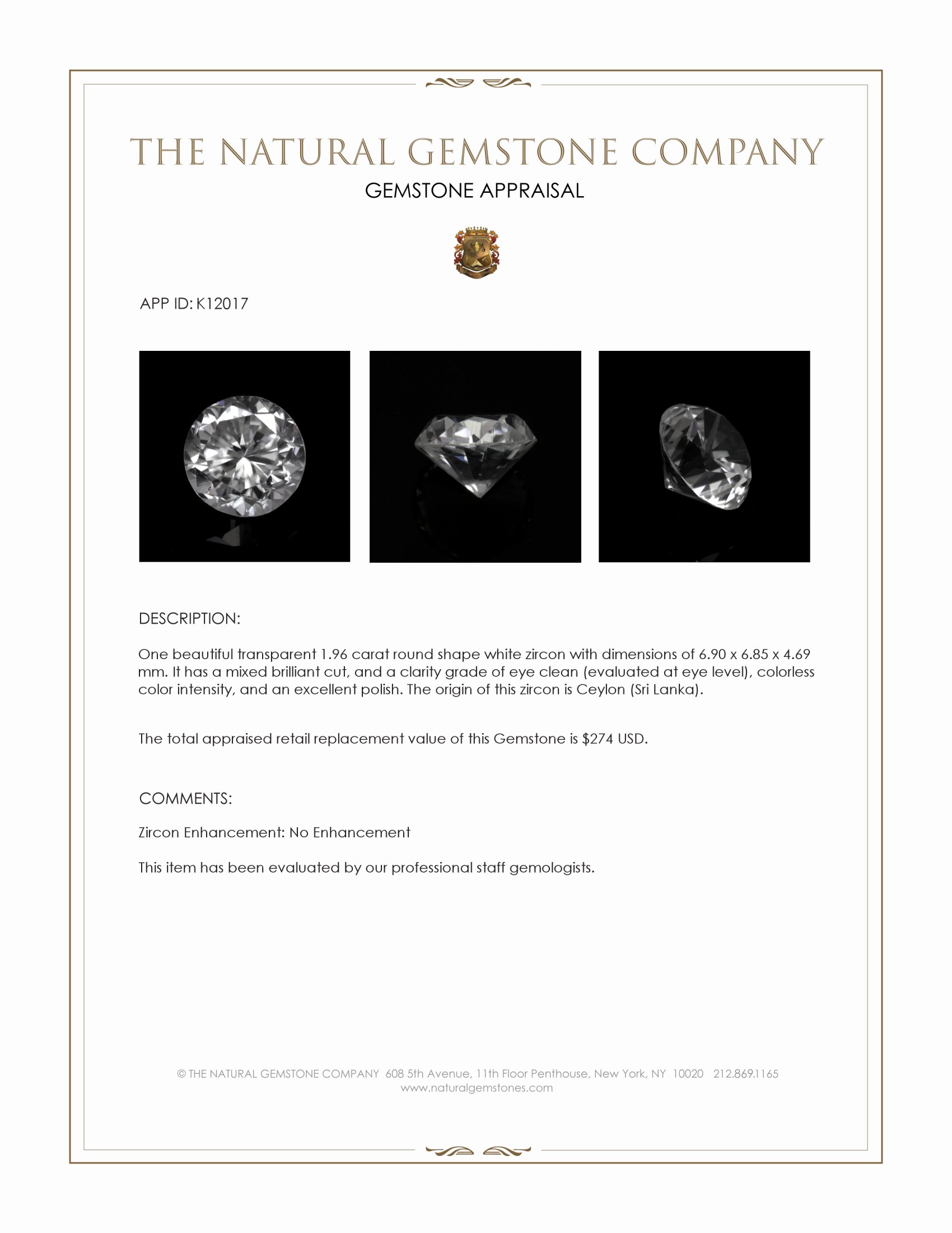 1.96 Ct. White Zircon from Ceylon (Sri Lanka)