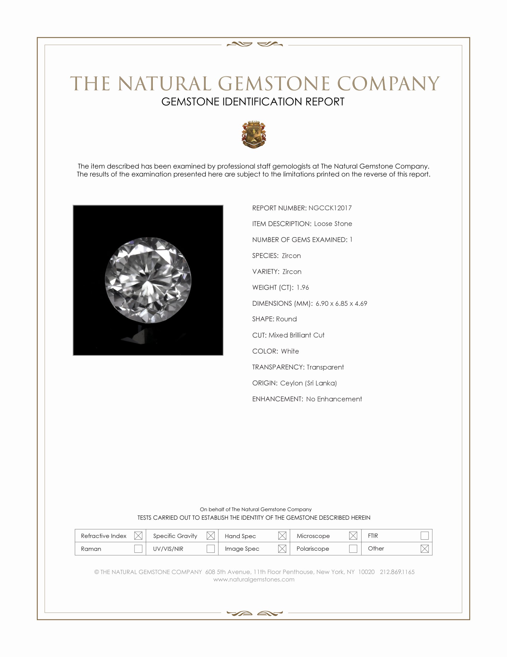 1.96 Ct. White Zircon from Ceylon (Sri Lanka)