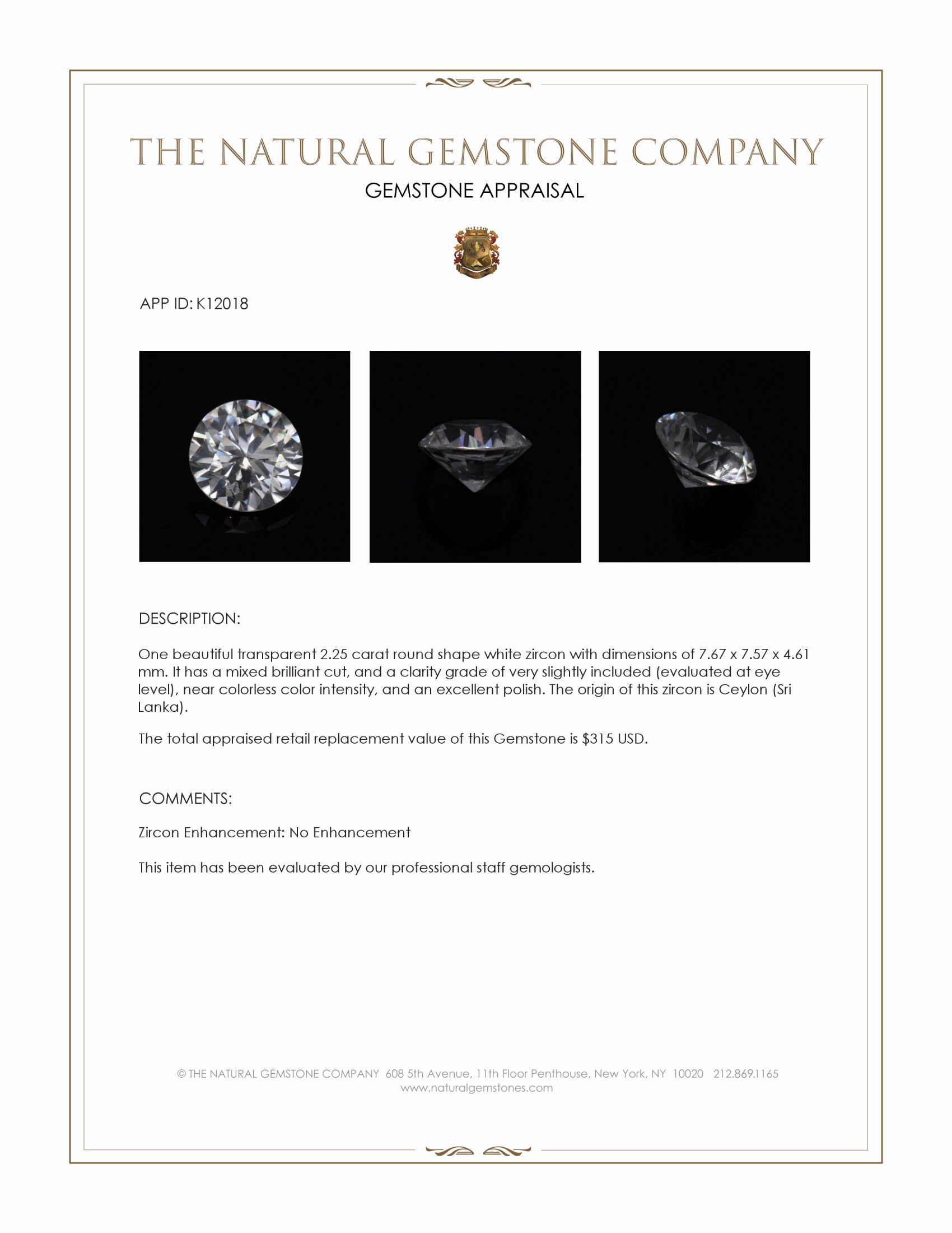 2.25 Ct. White Zircon from Ceylon (Sri Lanka)