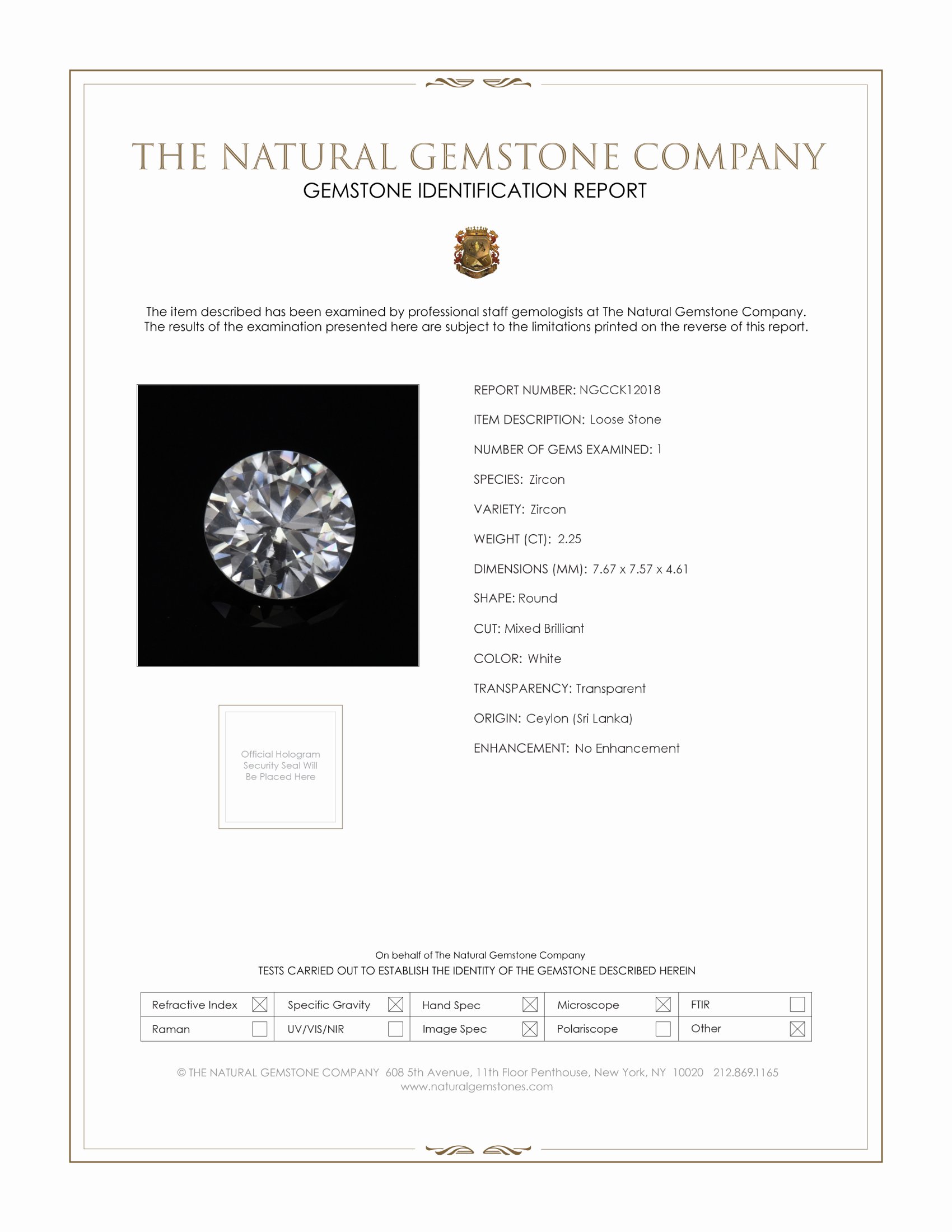 2.25 Ct. White Zircon from Ceylon (Sri Lanka)