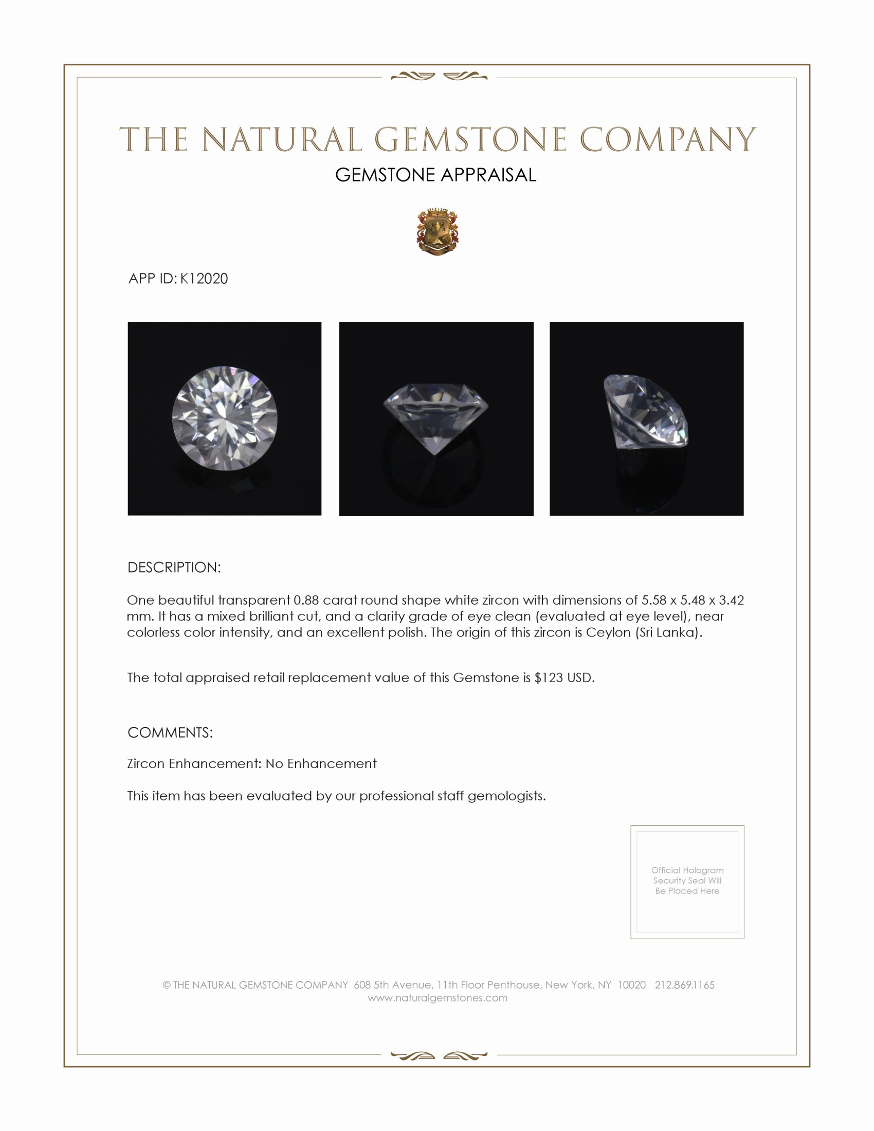 0.88 Ct. White Zircon from Ceylon (Sri Lanka)