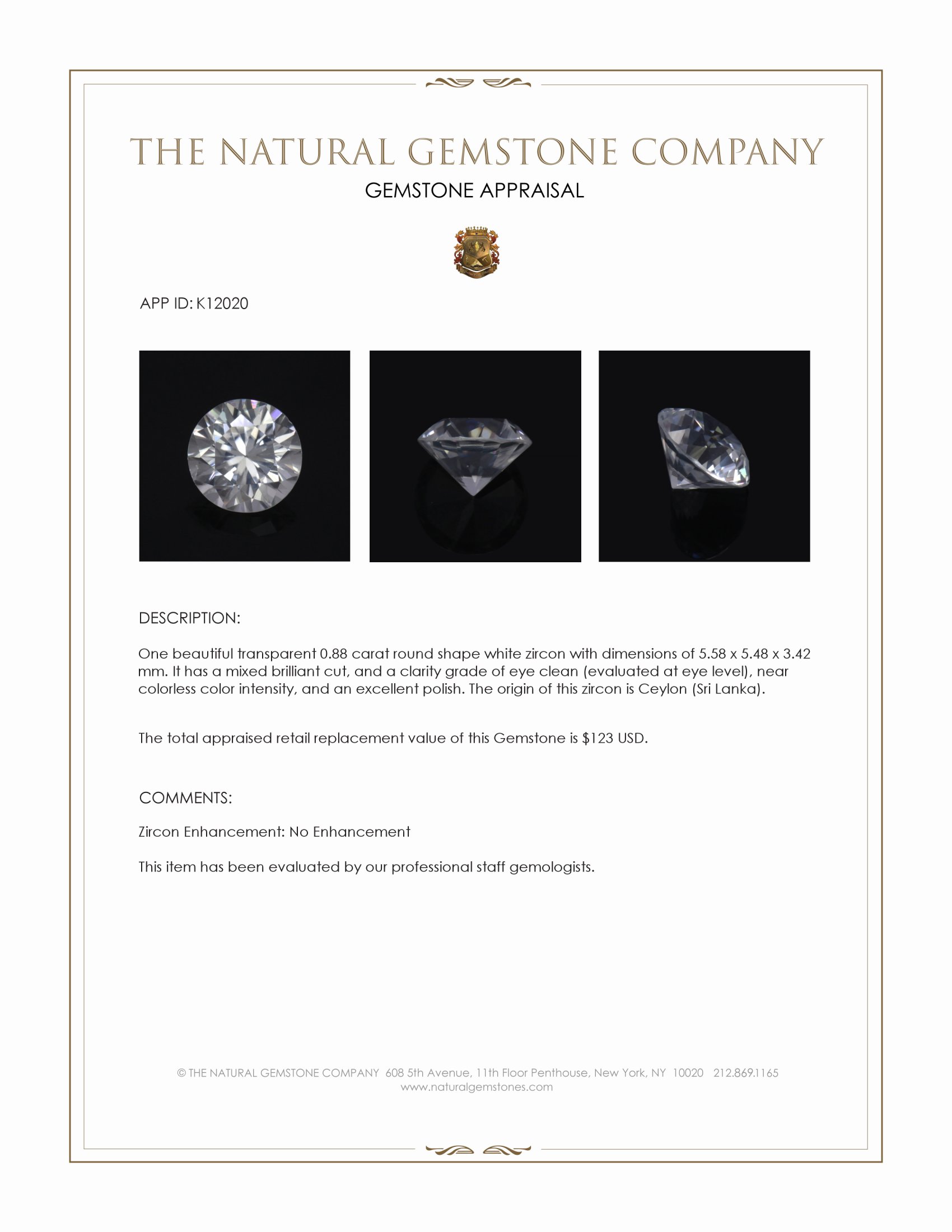 0.88 Ct. White Zircon from Ceylon (Sri Lanka)