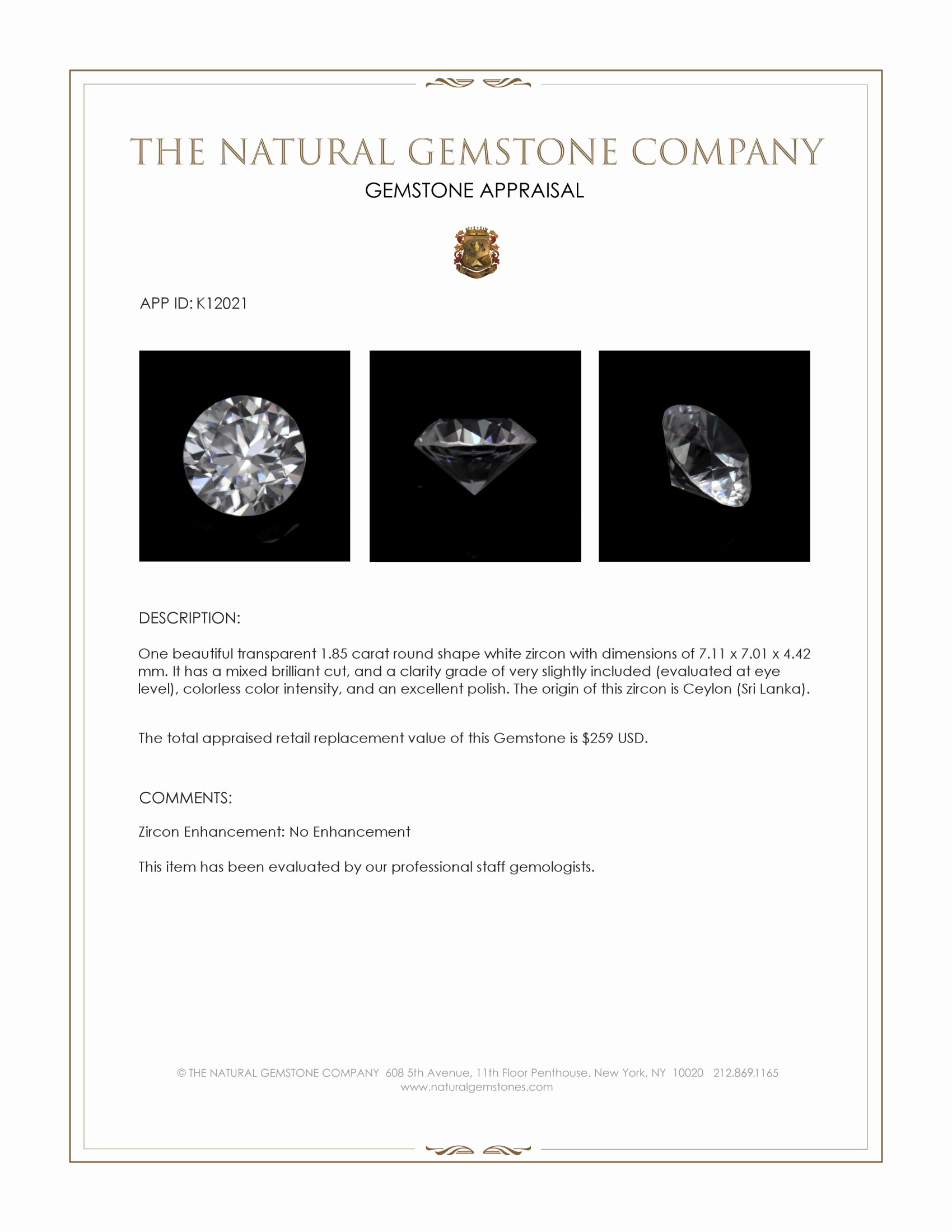 1.85 Ct. White Zircon from Ceylon (Sri Lanka)