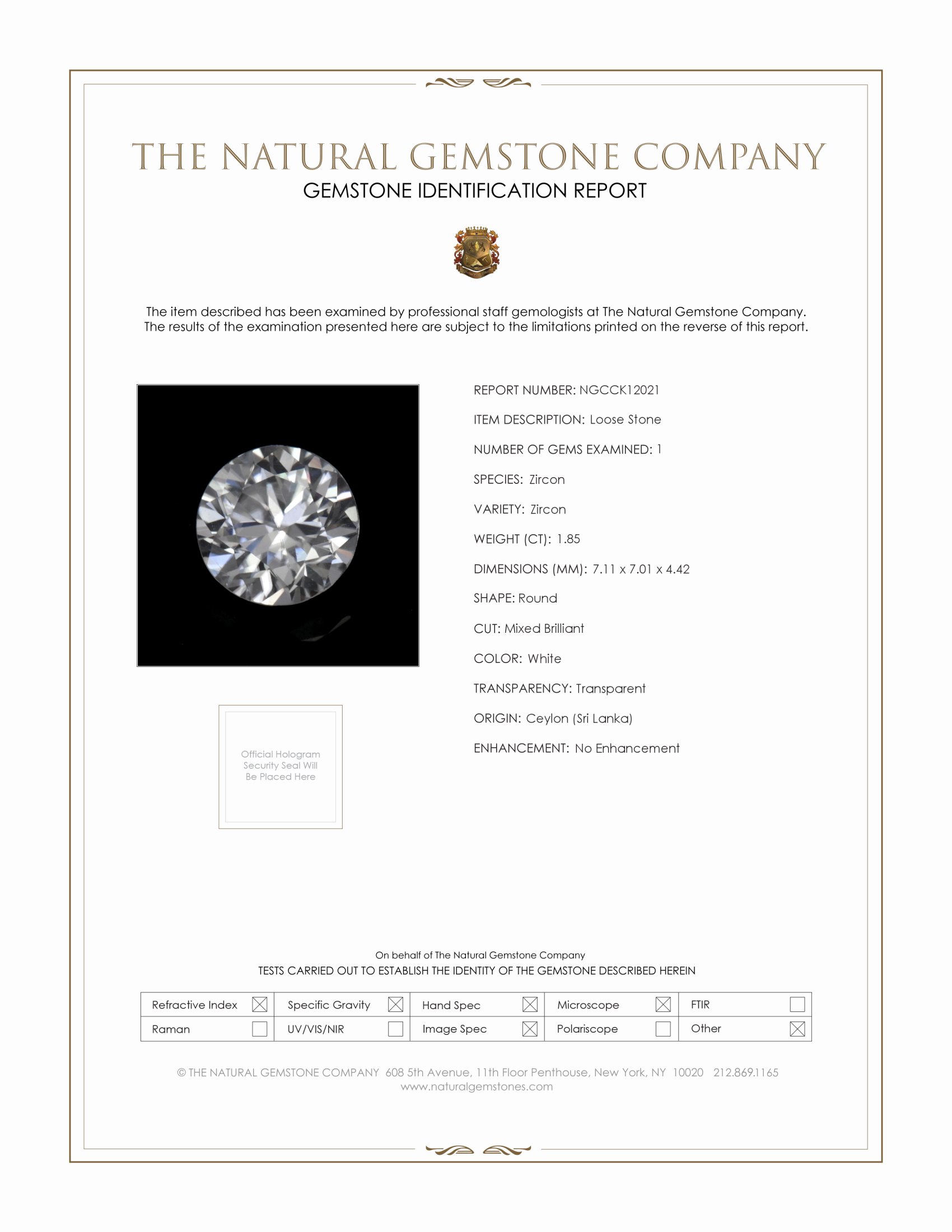 1.85 Ct. White Zircon from Ceylon (Sri Lanka)
