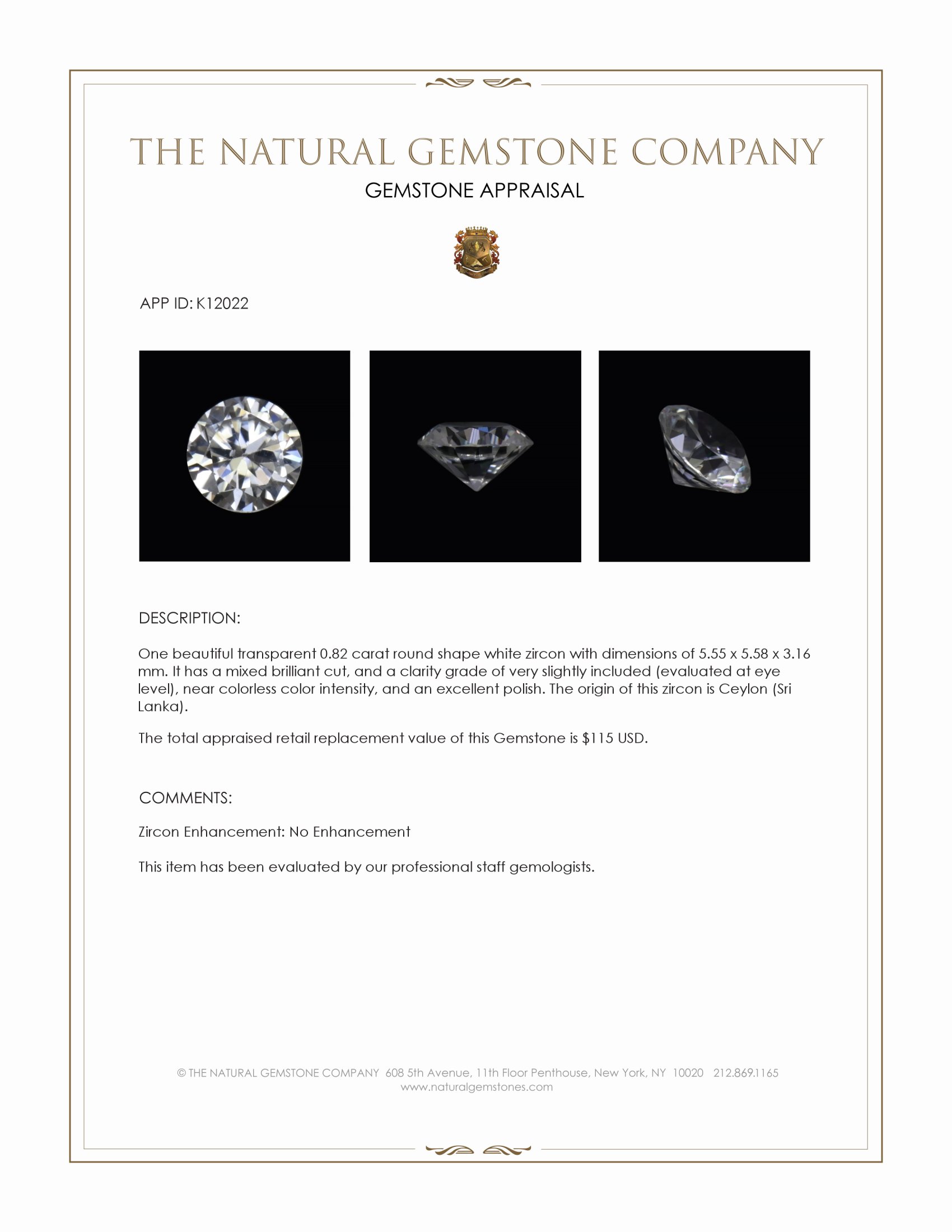 0.82 Ct. White Zircon from Ceylon (Sri Lanka)