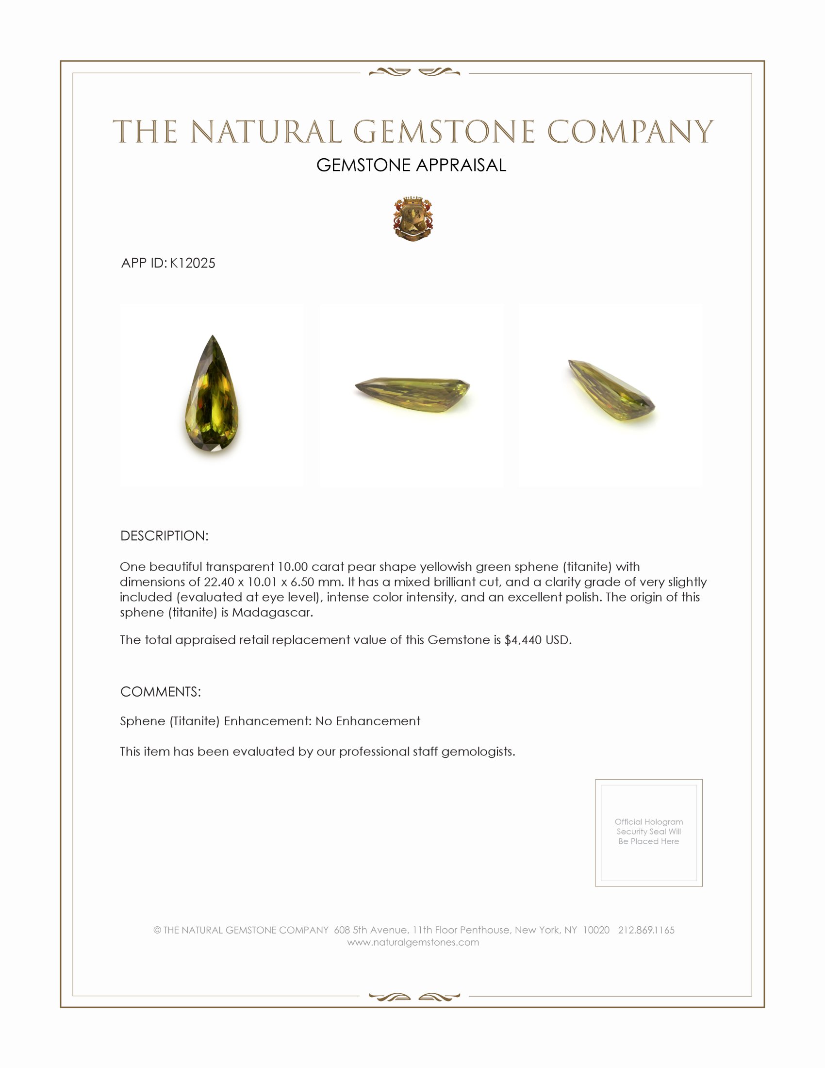 10.00 Ct. Sphene (Titanite) from Madagascar