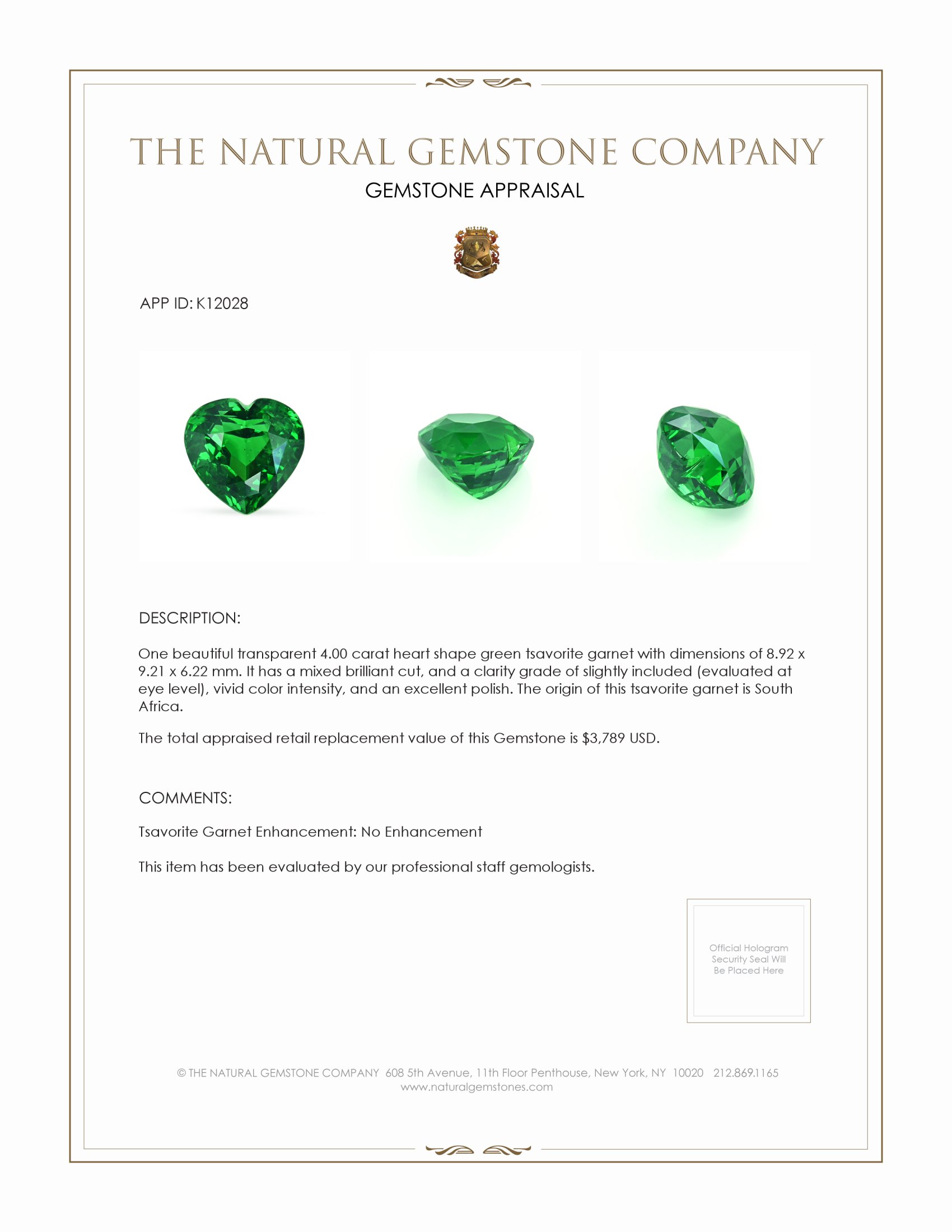 4.00 Ct. Tsavorite Garnet from South Africa