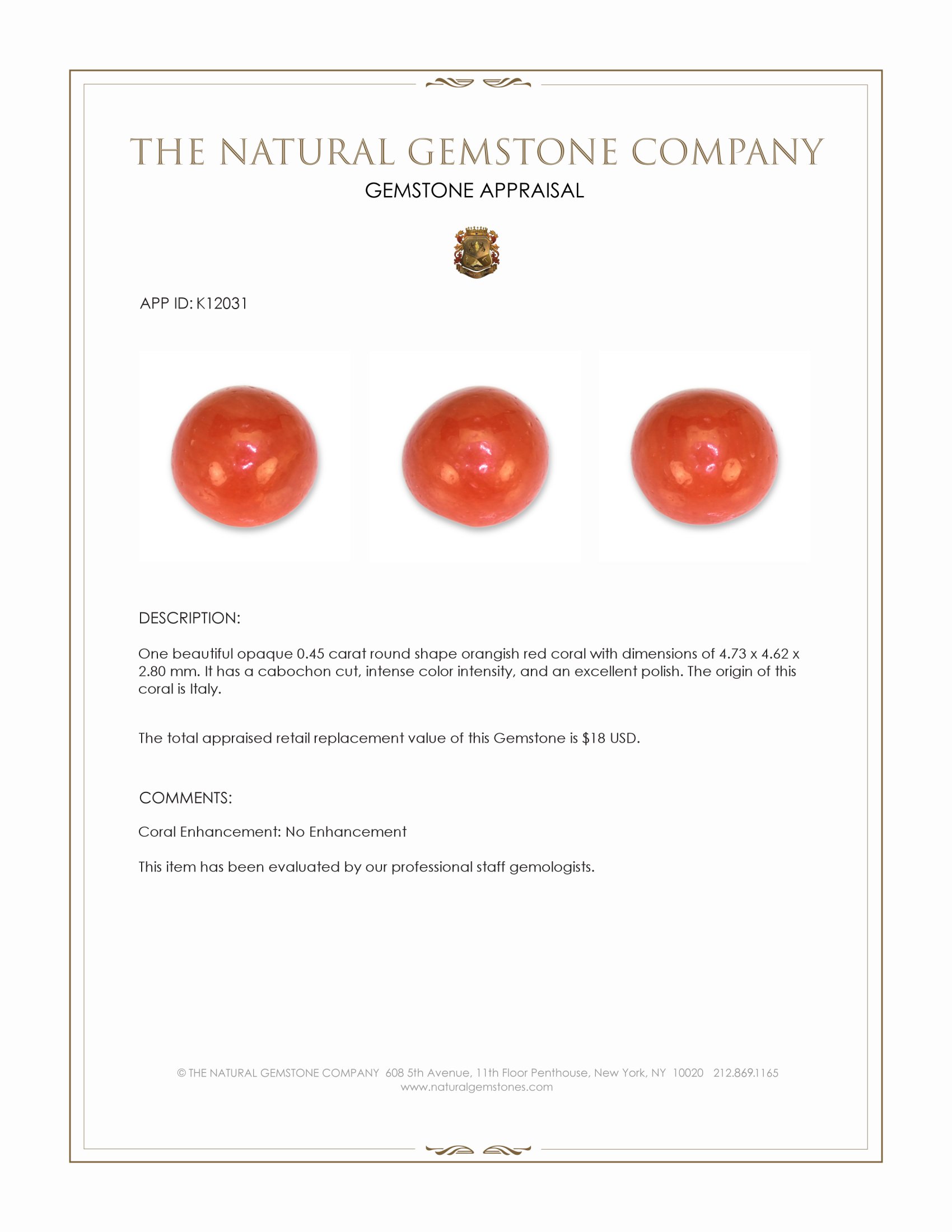 0.45 Ct. Cabochon Coral from Italy