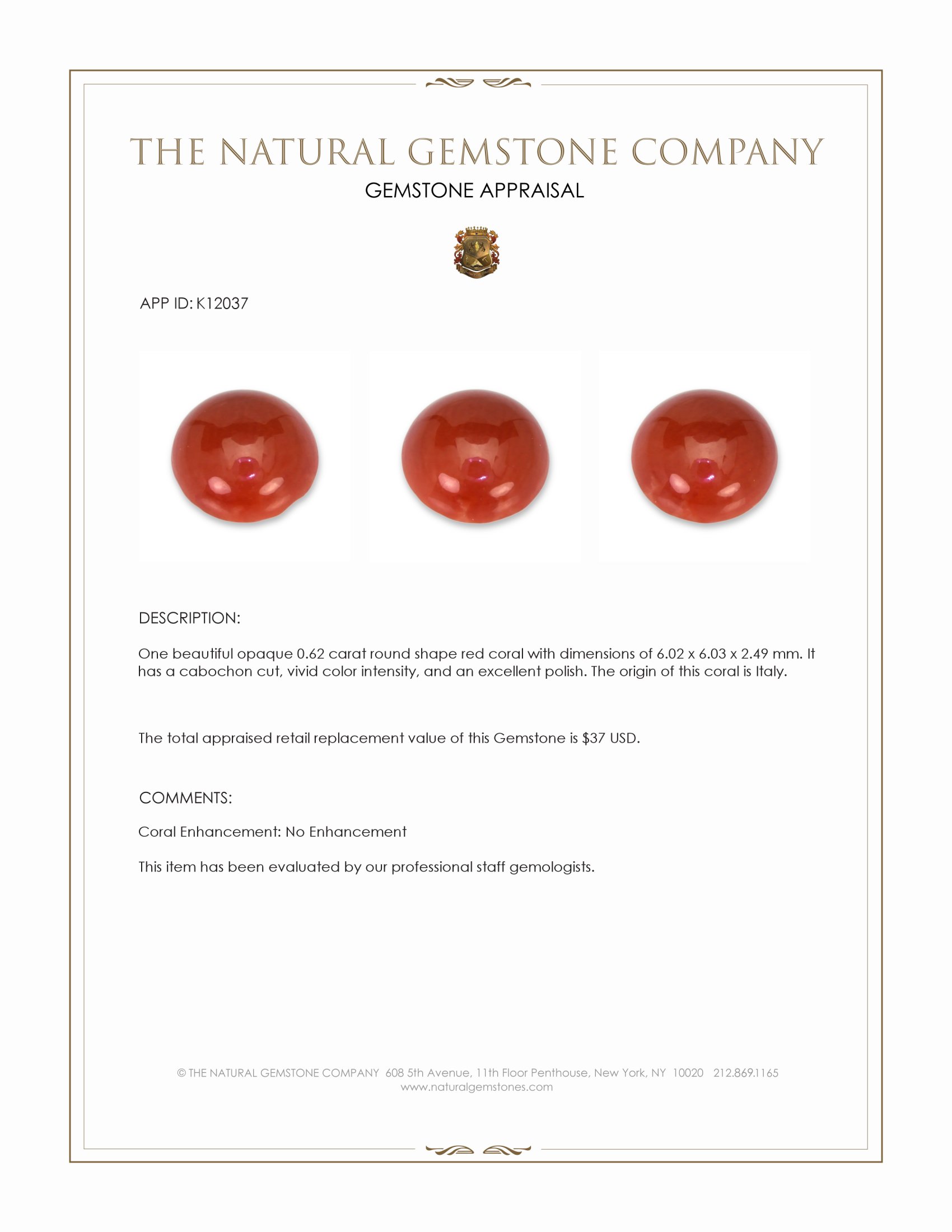 0.62 Ct. Cabochon Coral from Italy