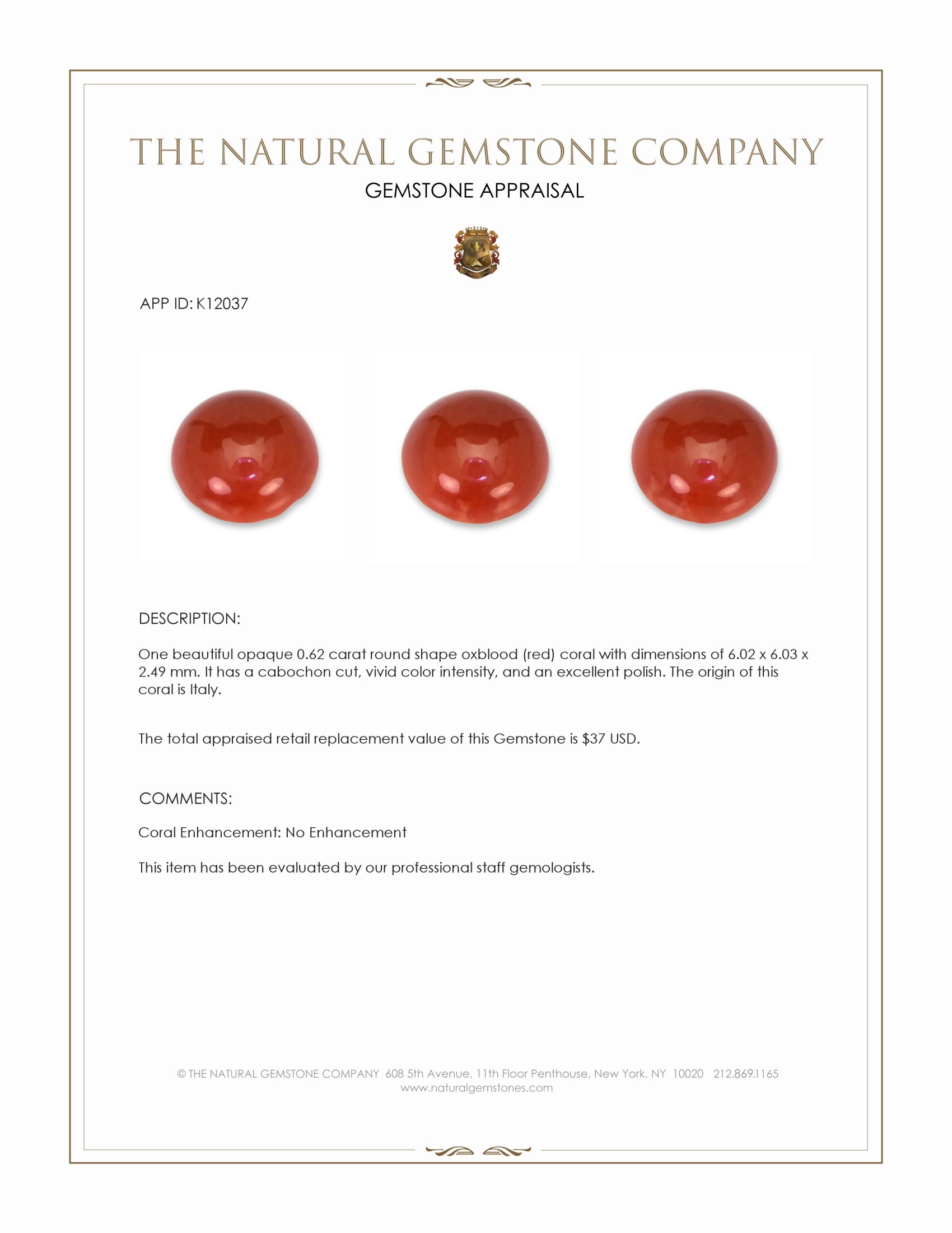 0.62 Ct. Cabochon Coral from Italy