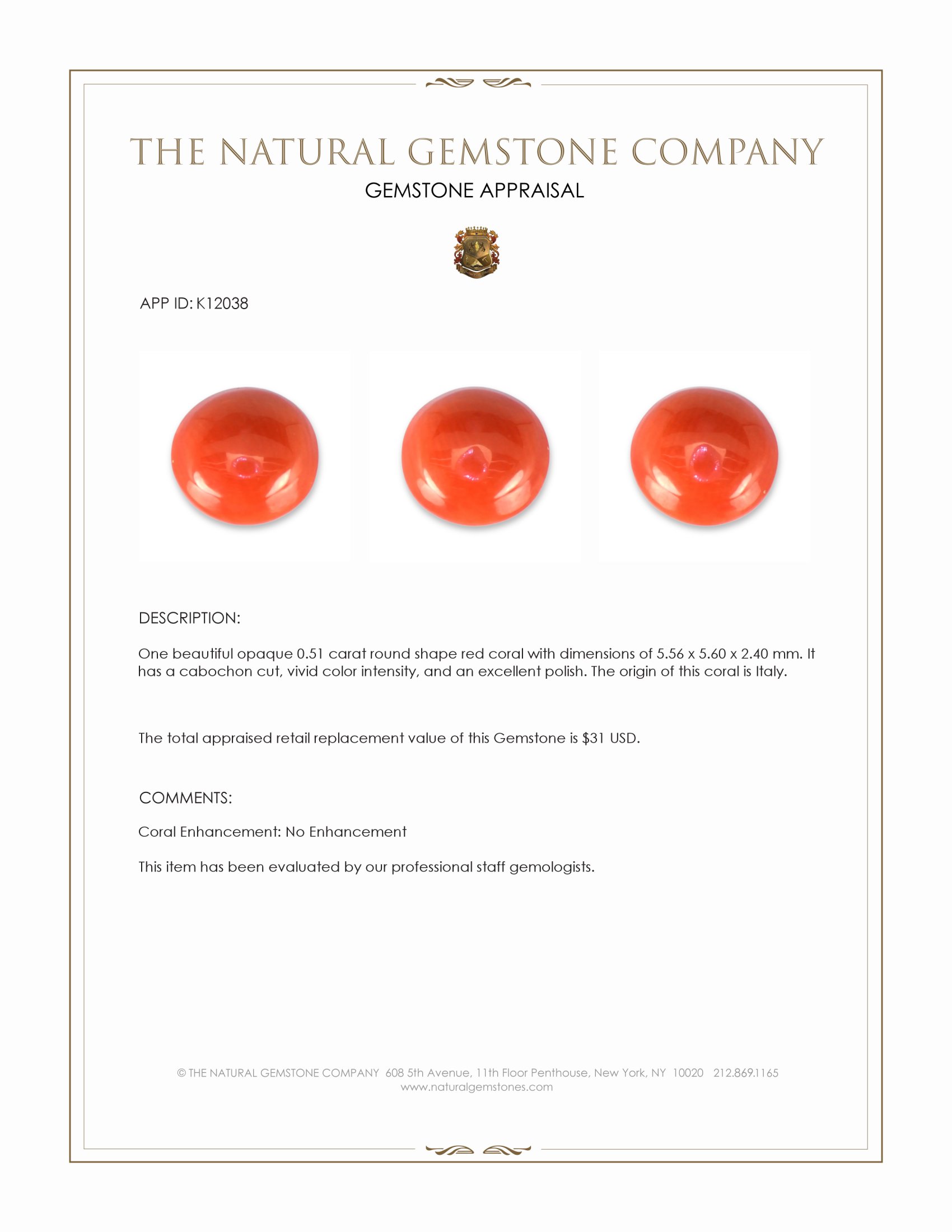 0.51 Ct. Salmon (Orangish Red) Cabochon Coral from Italy