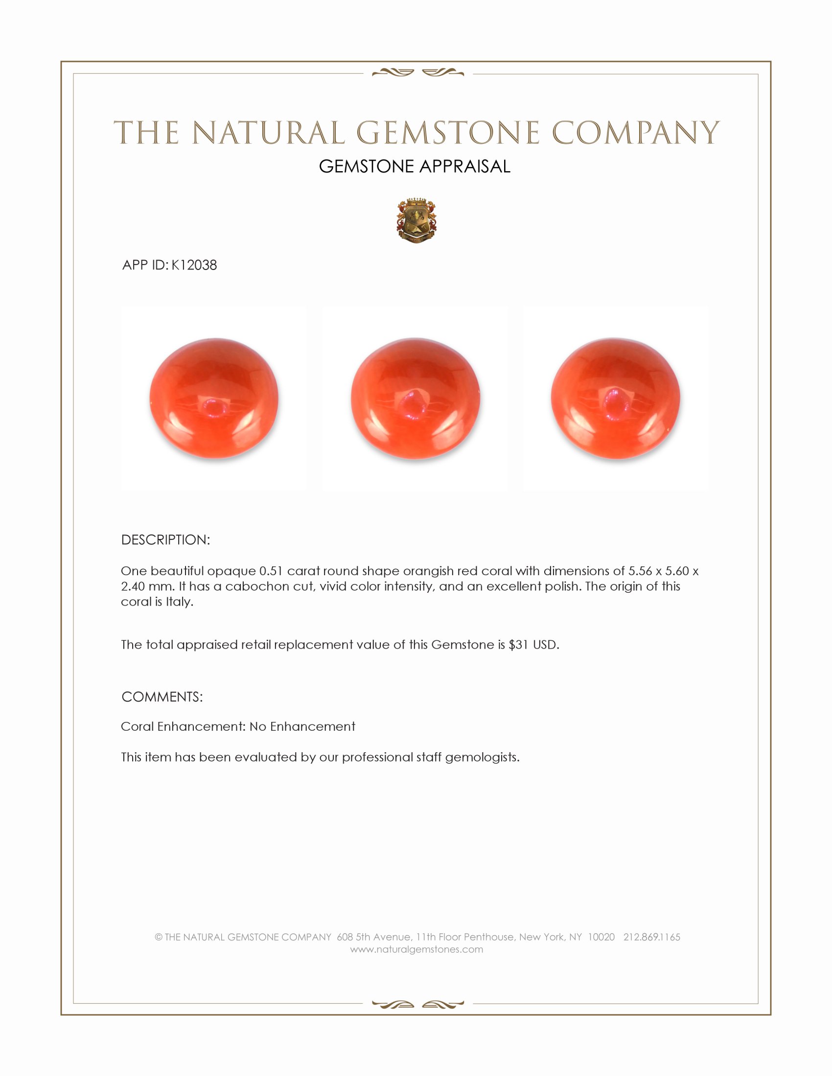 0.51 Ct. Cabochon Coral from Italy