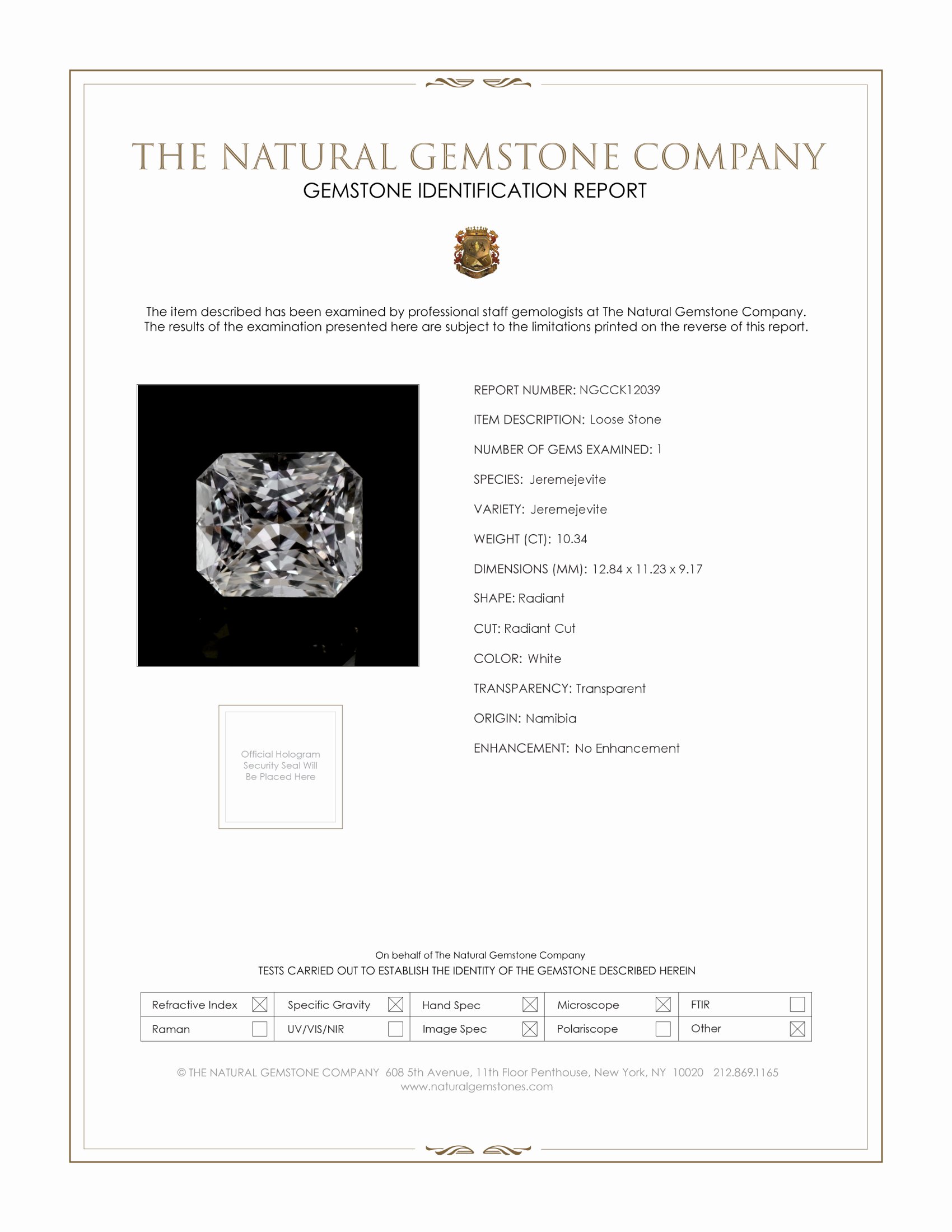 10.34 Ct. White Jeremejevite from Namibia