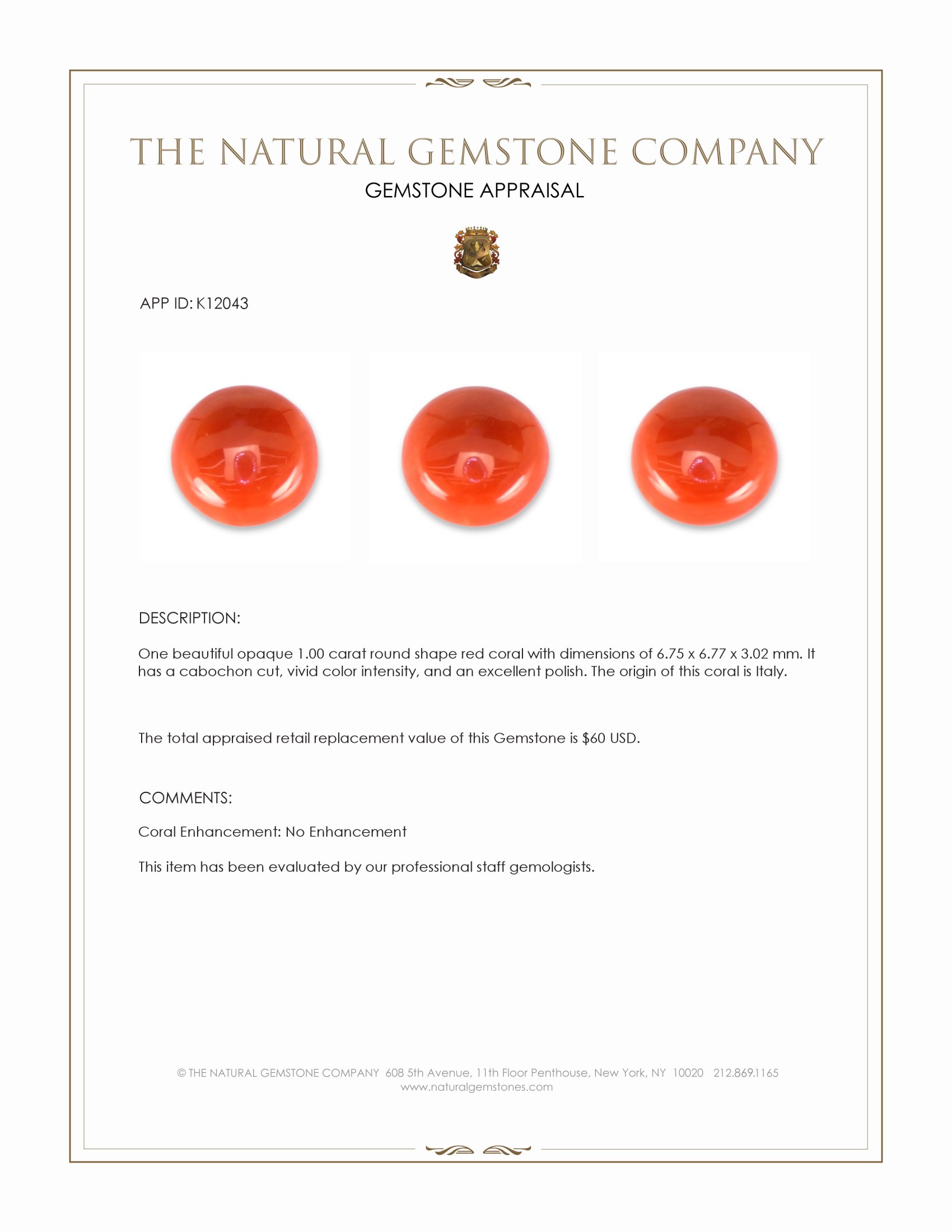 1.00 Ct. Salmon (Orangish Red) Cabochon Coral from Italy
