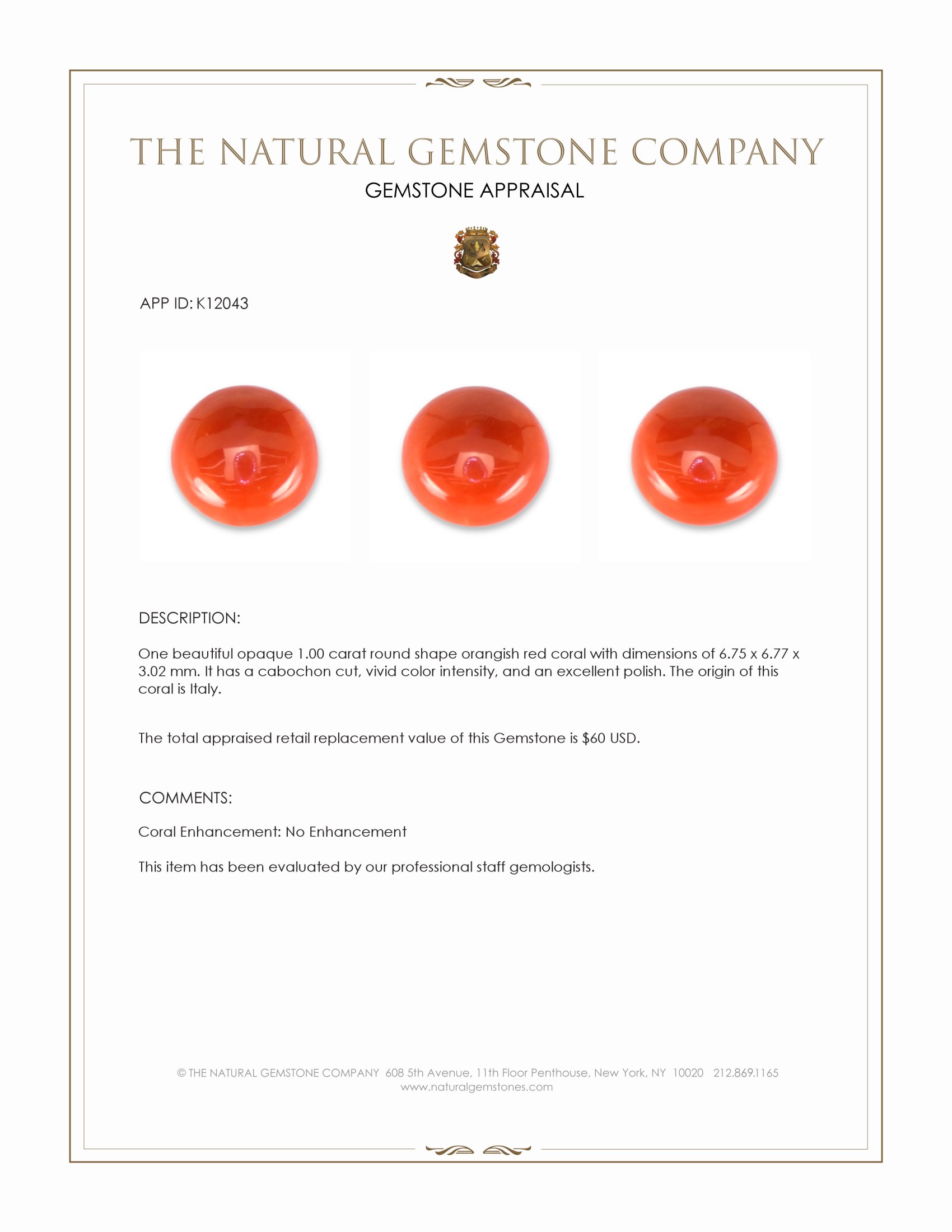 1.00 Ct. Cabochon Coral from Italy