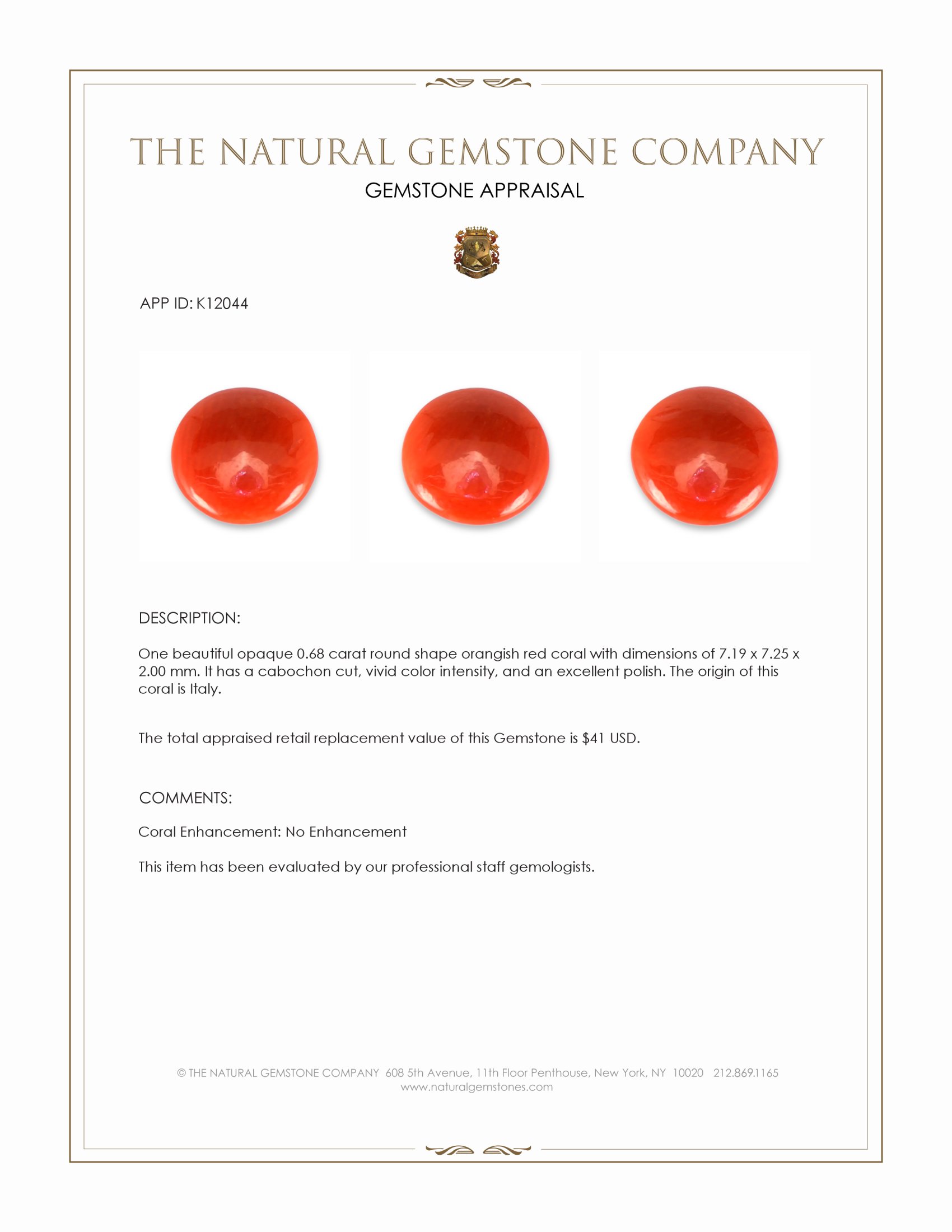 0.68 Ct. Cabochon Coral from Italy