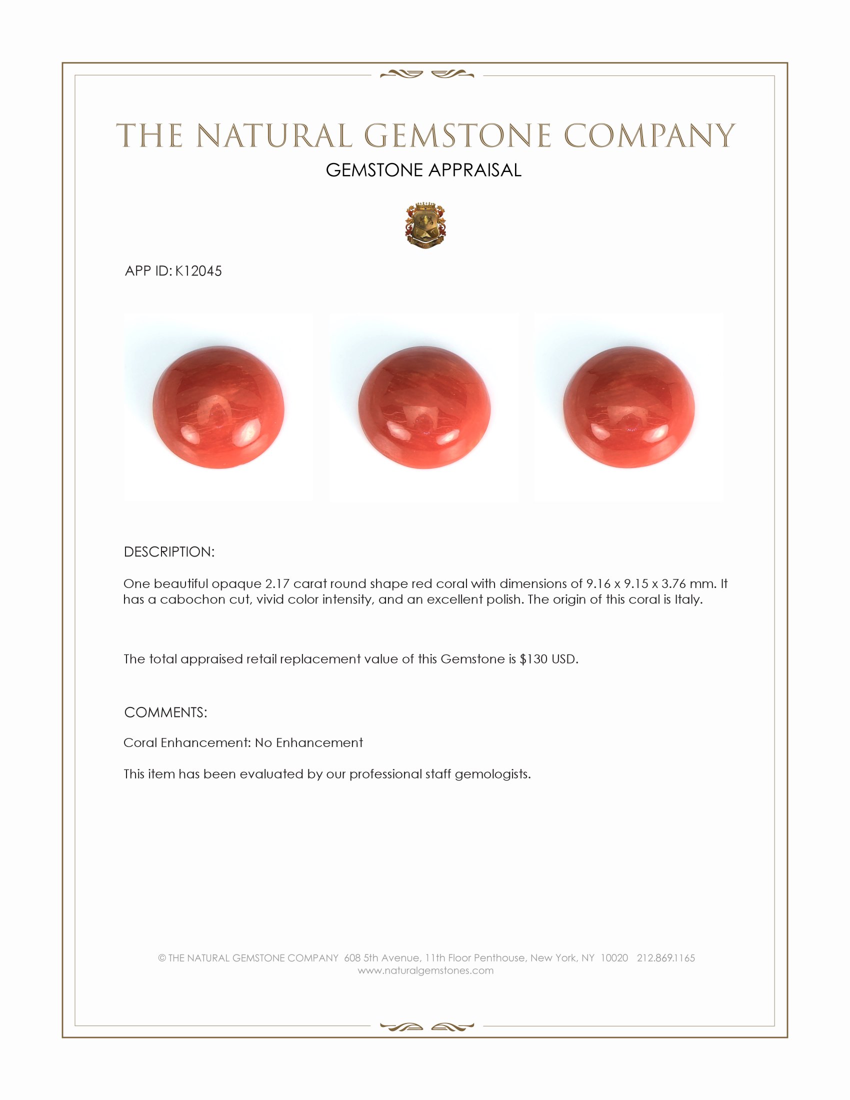 2.17 Ct. Salmon (Orangish Red) Cabochon Coral from Italy