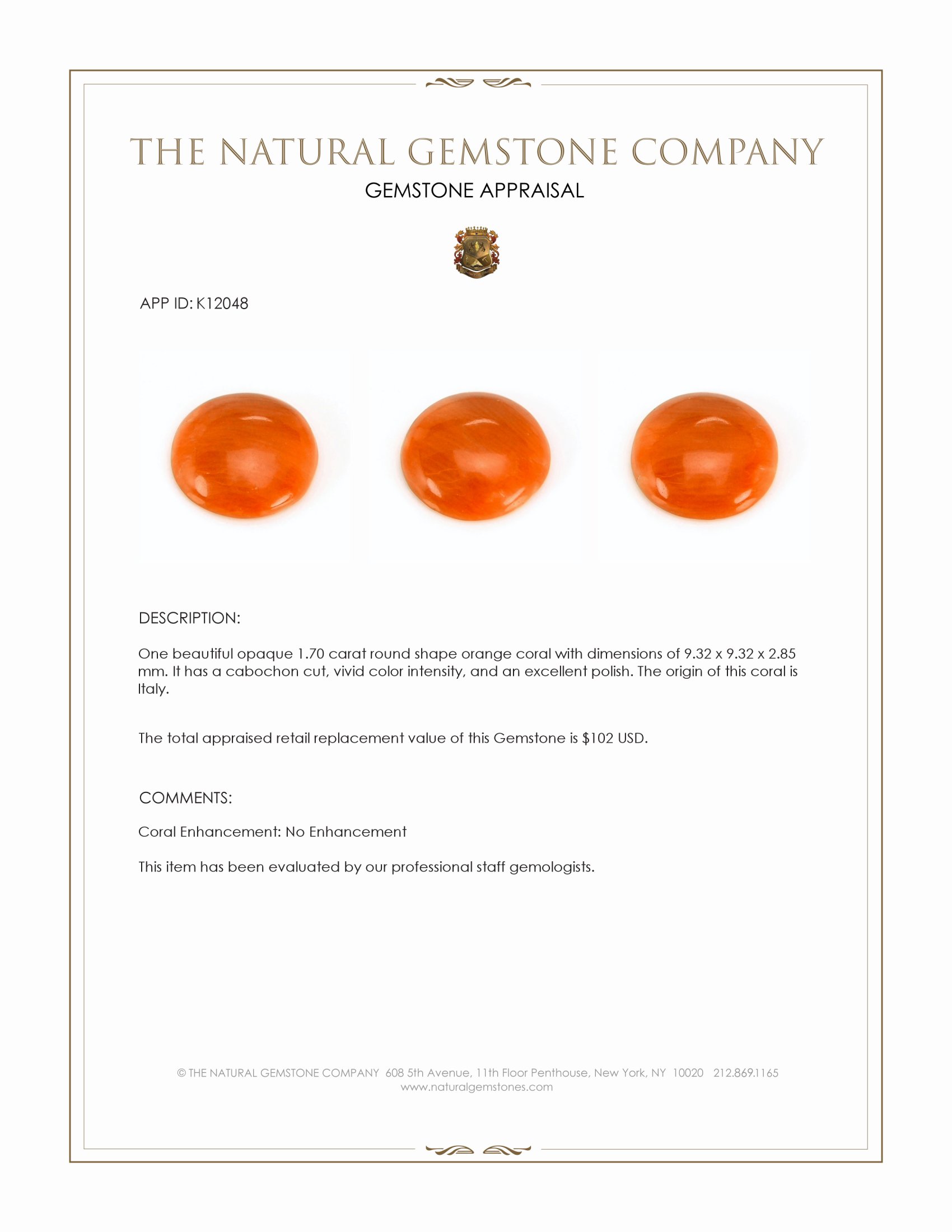 1.70 Ct. Salmon (Orange) Cabochon Coral from Italy