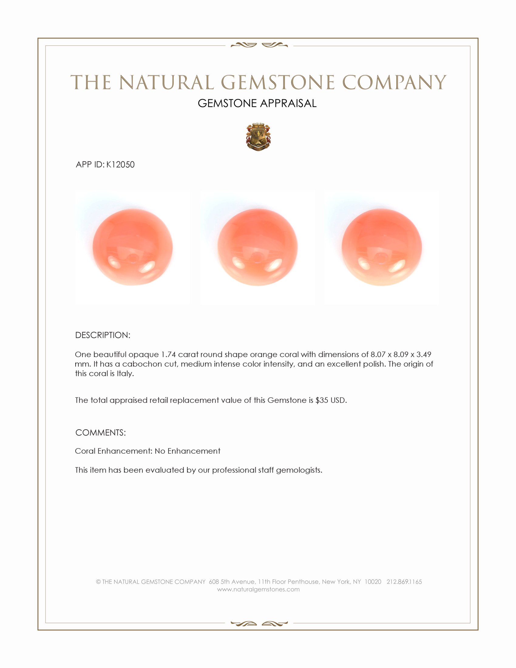 1.74 Ct. Cabochon Coral from Italy