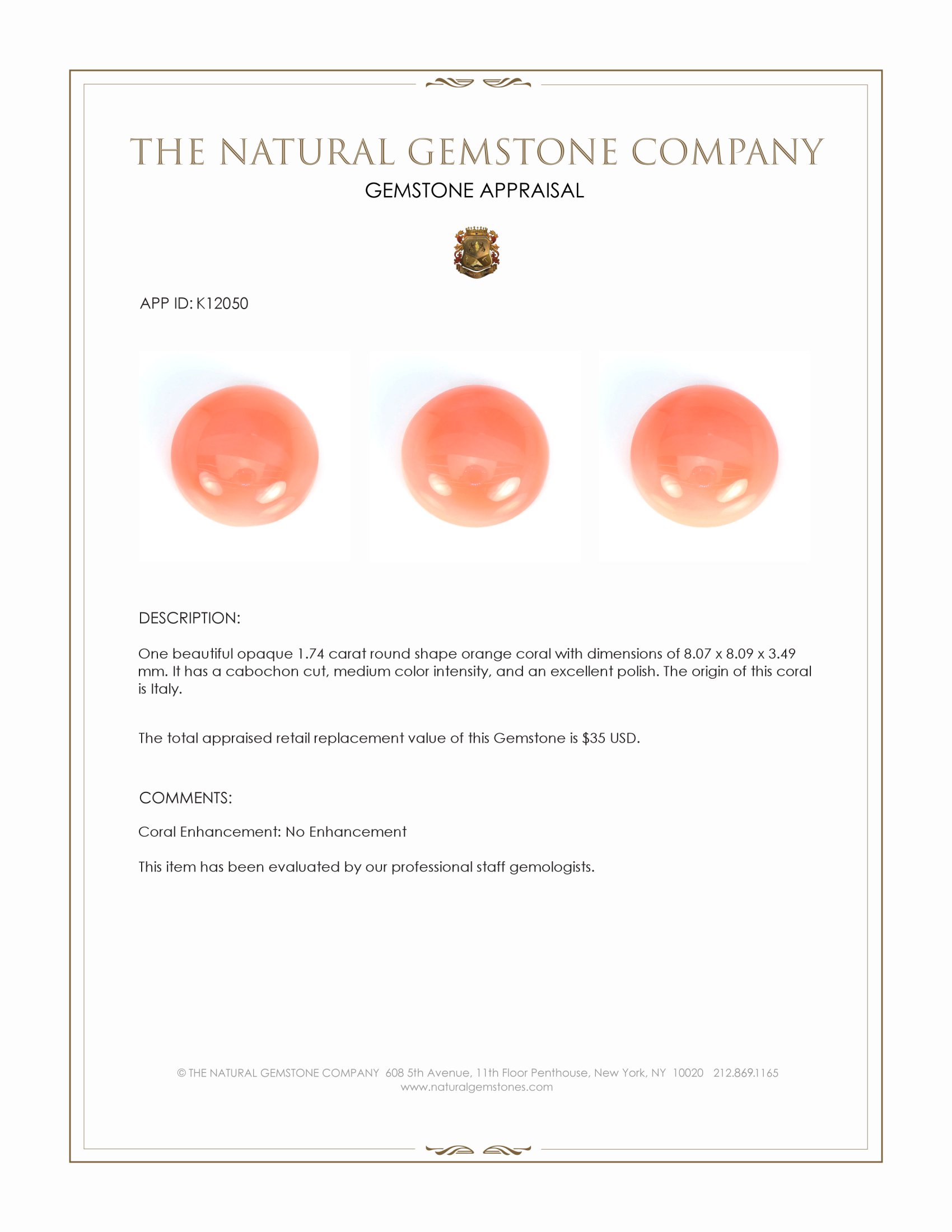 1.74 Ct. Cabochon Coral from Italy