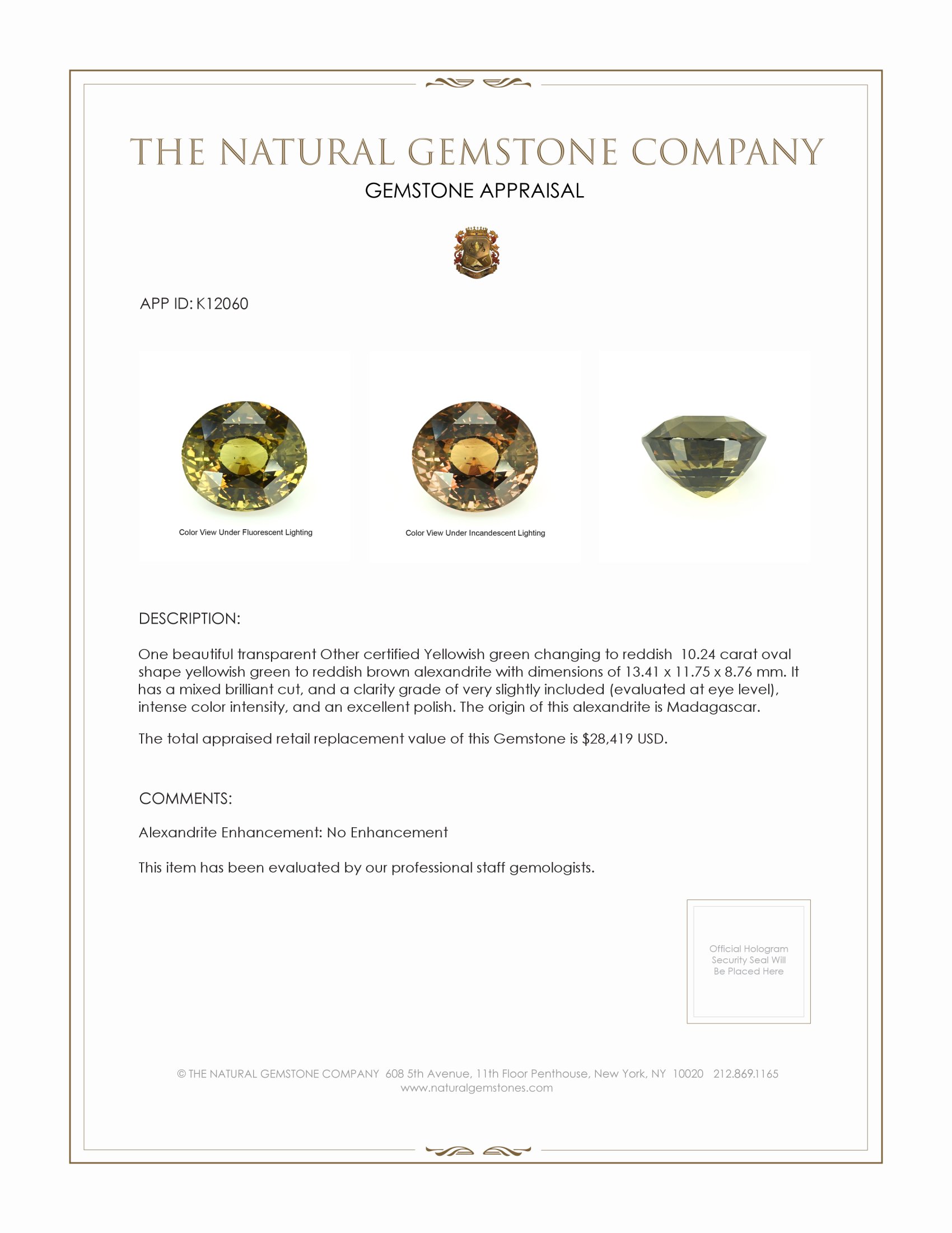 10.24 Ct. Alexandrite from Madagascar