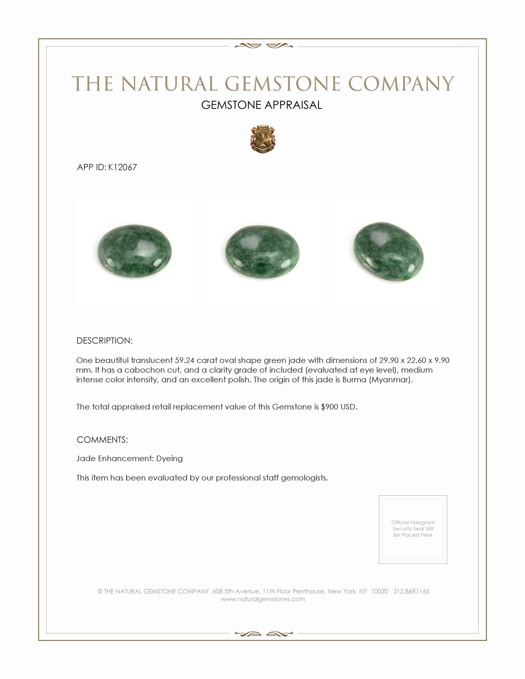 59.24 Ct. Cabochon Jade from Burma (Myanmar)