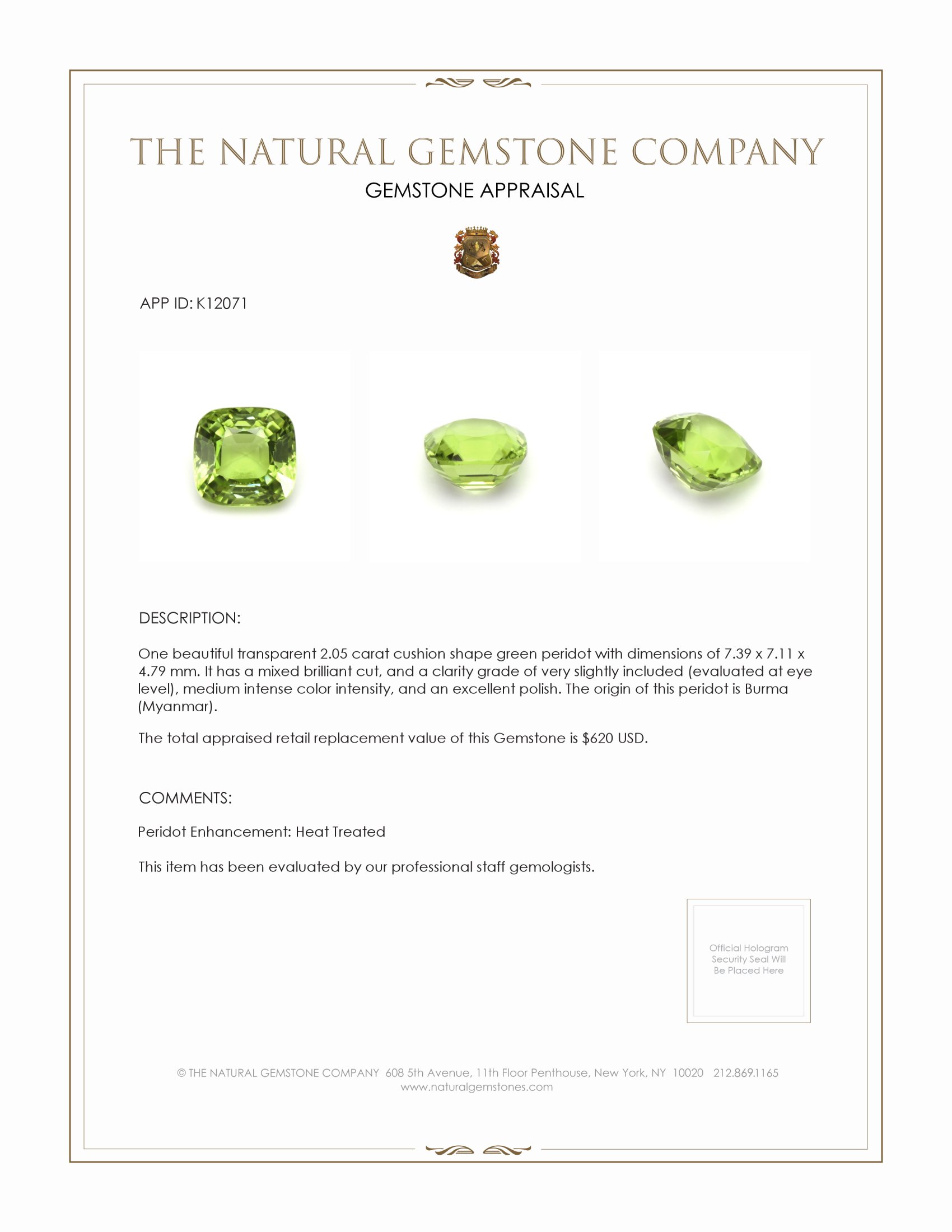2.05 Ct. Peridot from Burma (Myanmar)