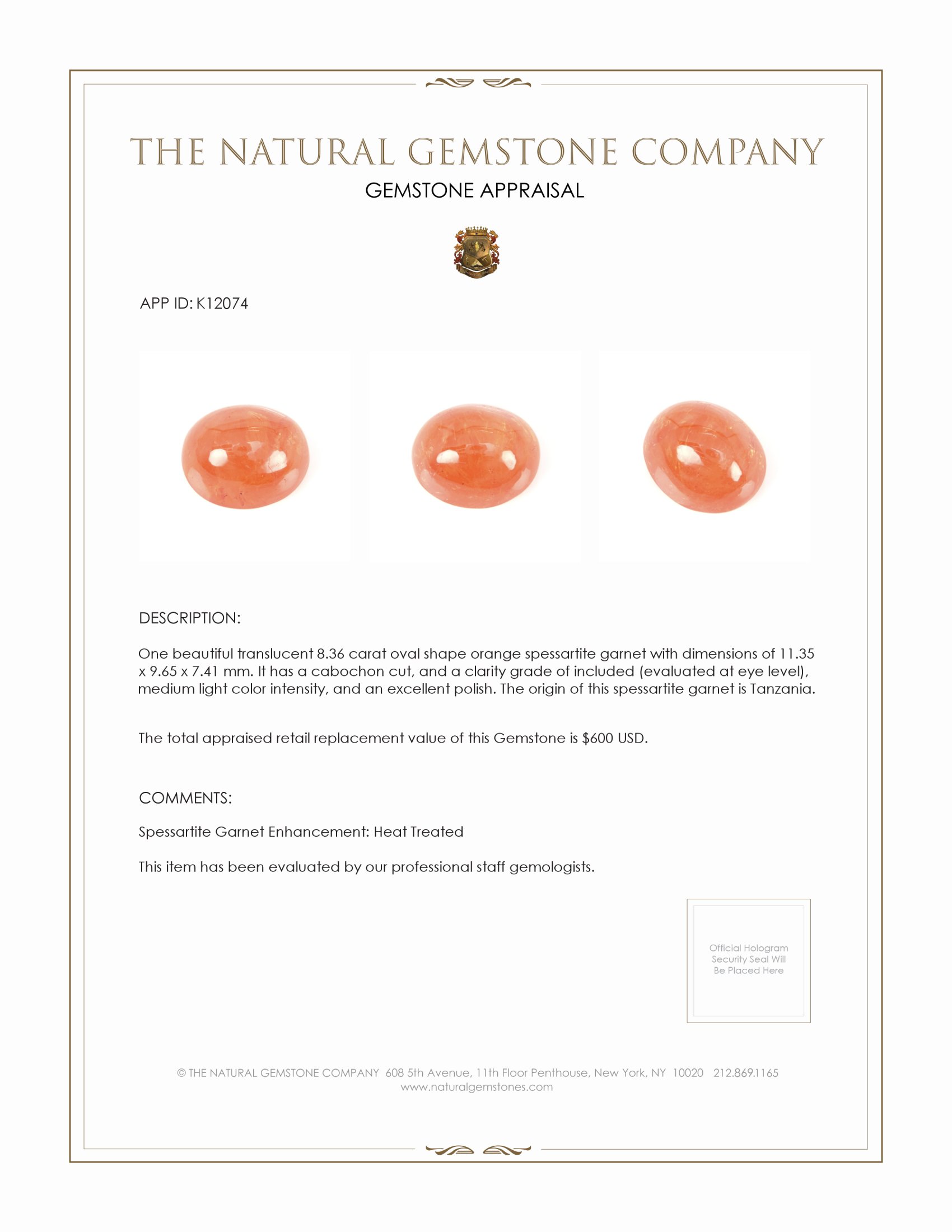 8.36 Ct. Cabochon Spessartite Garnet from Tanzania