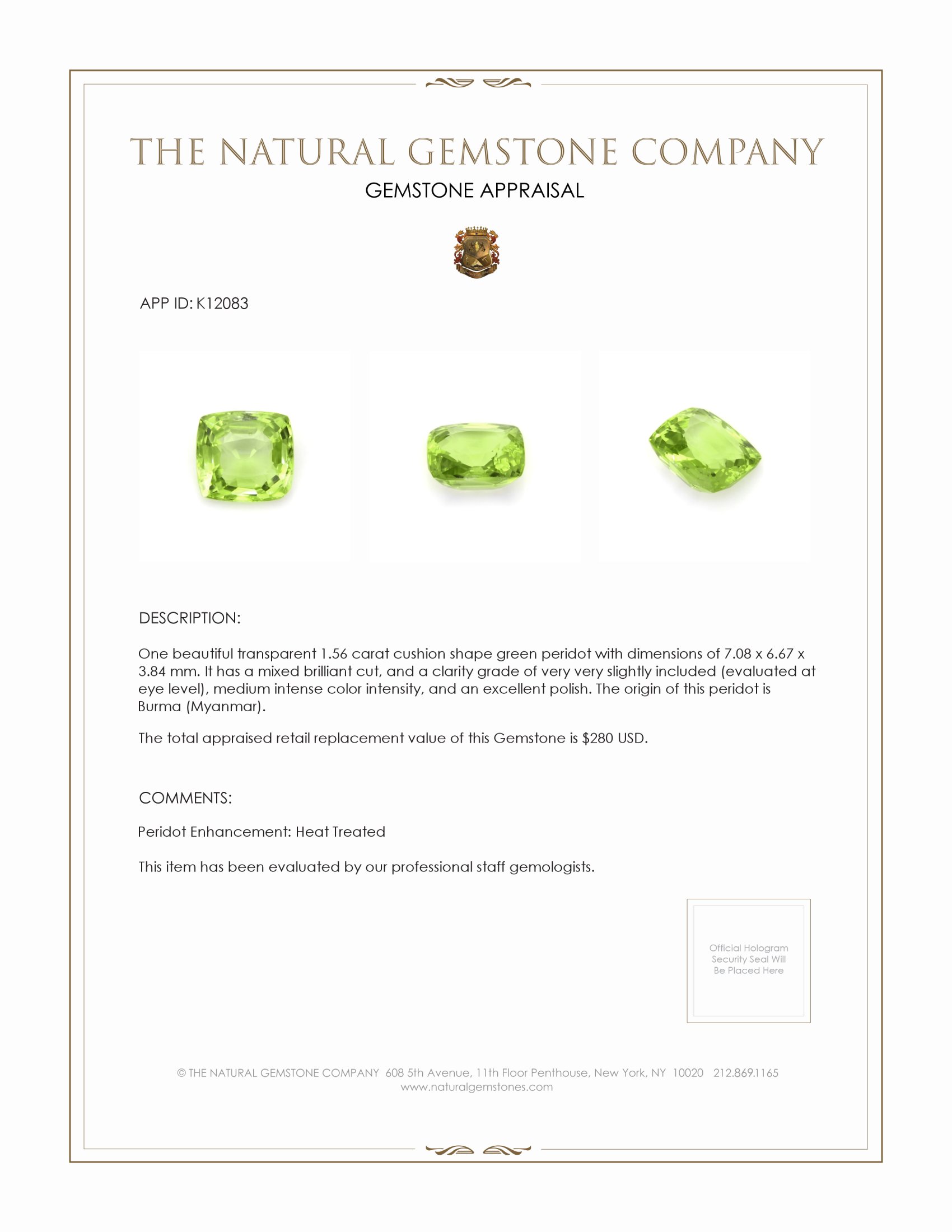 1.56 Ct. Peridot from Burma (Myanmar)