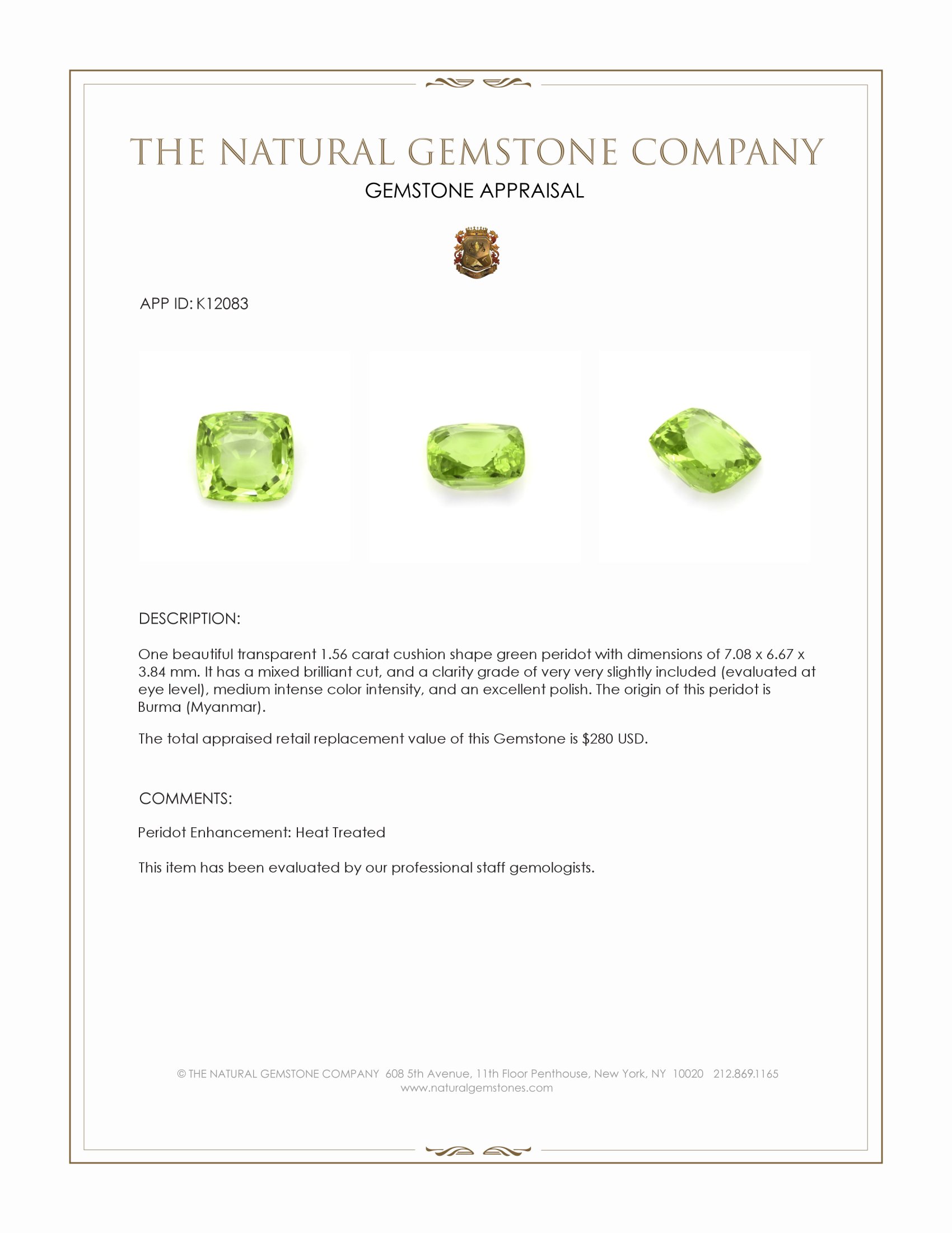 1.56 Ct. Peridot from Burma (Myanmar)