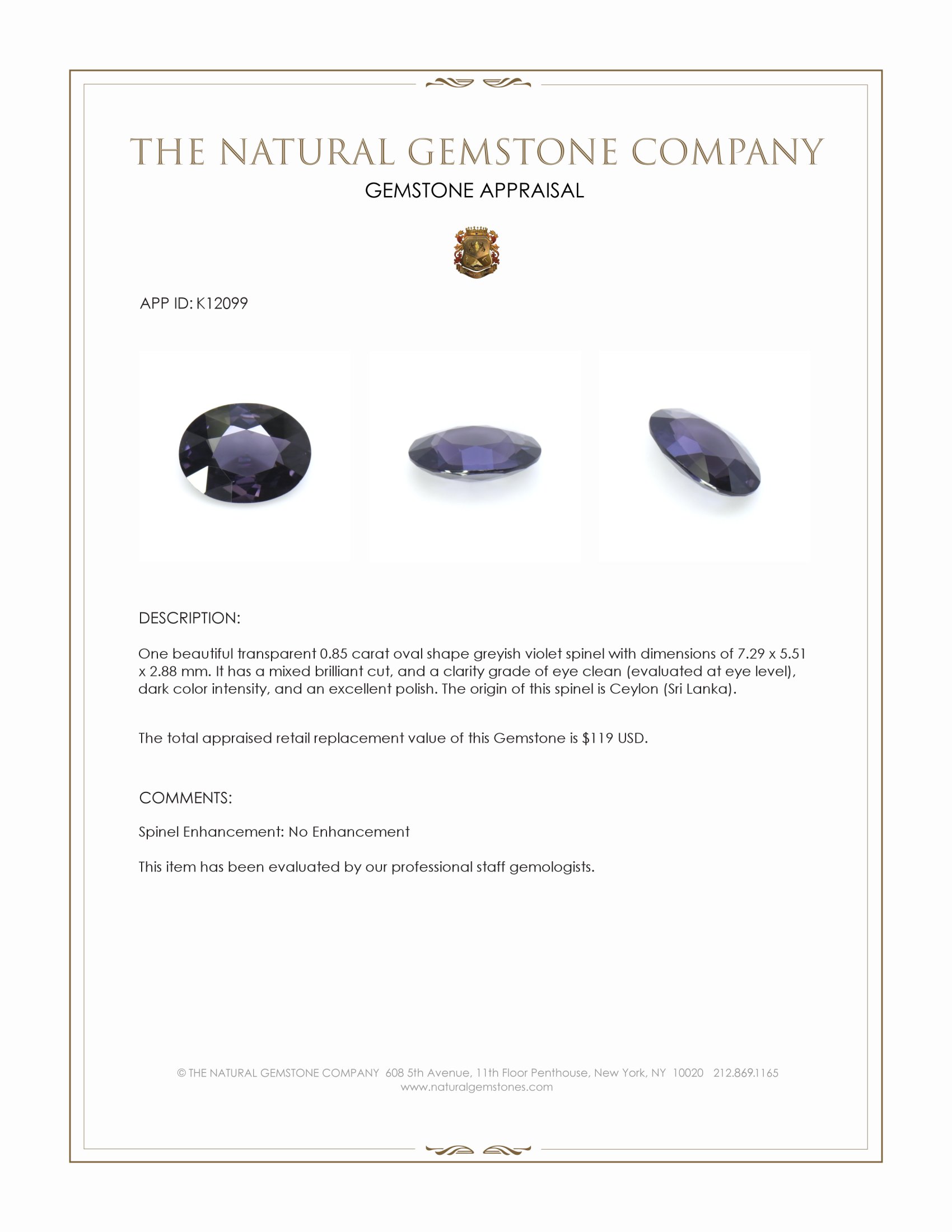 0.85 Ct. Greyish Violet Spinel from Ceylon (Sri Lanka)